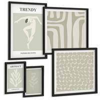 BILDER SET 5er Set - 50x50 cm & 20x30 cm & 40x60 cm Schwarzer Rahmen - Pflanzen- und geometrische Muster - Schwarz, Kunststoff (40/60cm) - TULUP