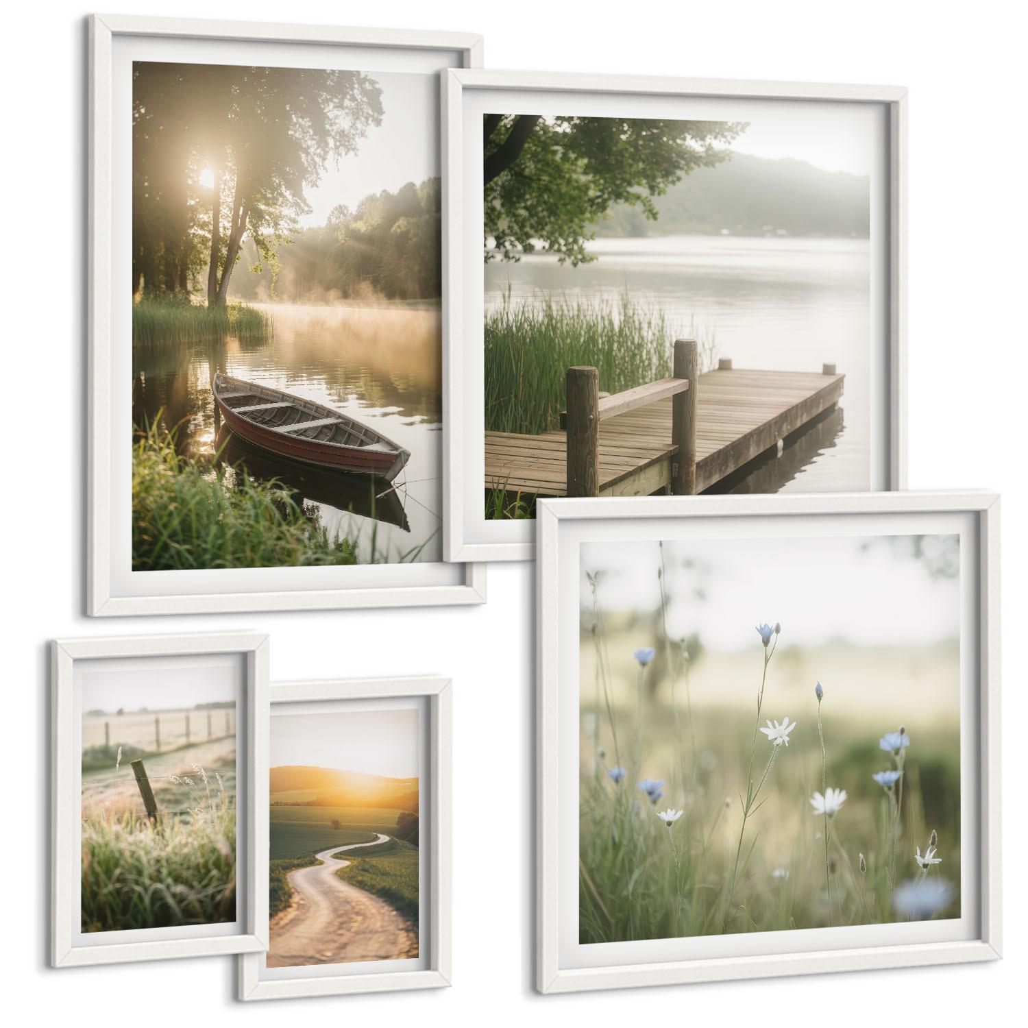 BILDER SET 5er Set - 50x50 cm & 20x30 cm & 40x60 cm Weißer Rahmen - Libellen im Gras, Wassermalerei - Weiß, Kunststoff (40/60cm) - TULUP