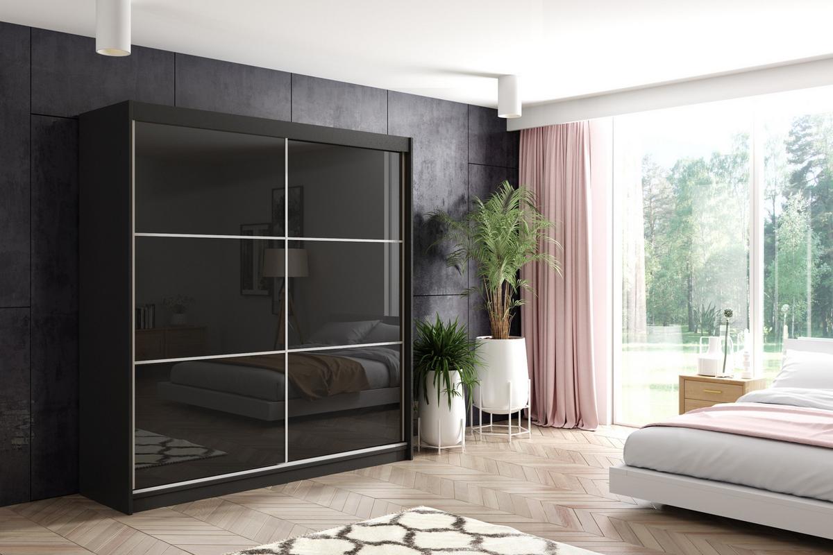 KLEIDERSCHRANK mit Lacobel-Schiebetüren und Aluminium- Leisten, LED-Beleuchtung - VIVI - 200 cm Schwarz - Schwarz, Holzwerkstoff (200/216/61cm) - ALTDECOR