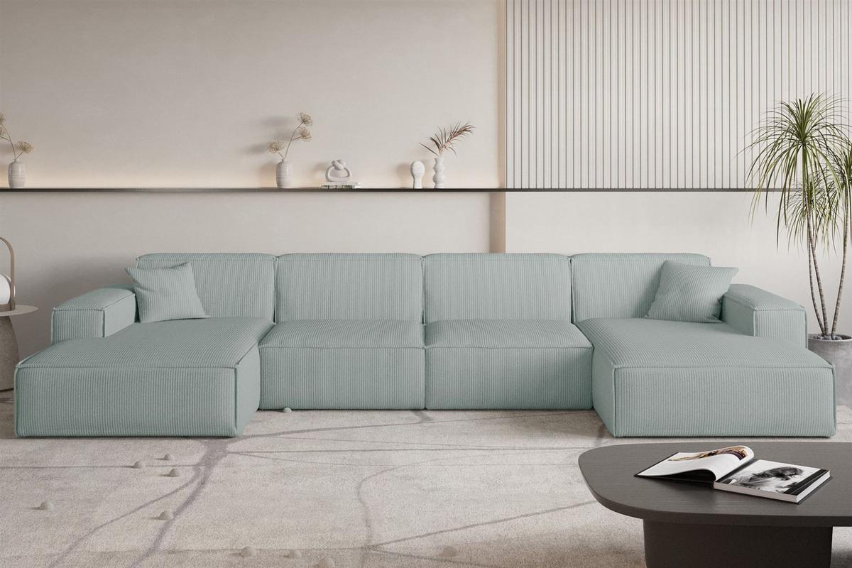WOHNLANDSCHAFT U-form Celes Premium Stoff Scala - Pastellblau, Holzwerkstoff/Textil (379/73/165cm) - Fun Möbel