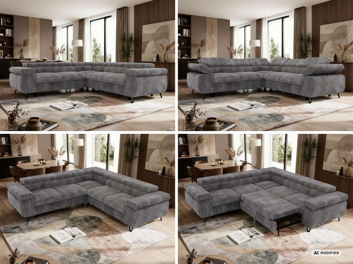 ECKSOFA QUADRO L - Grau Cord - Links Seite - Schwarz/Grau, Textil/Metall (269/269cm) - MKS