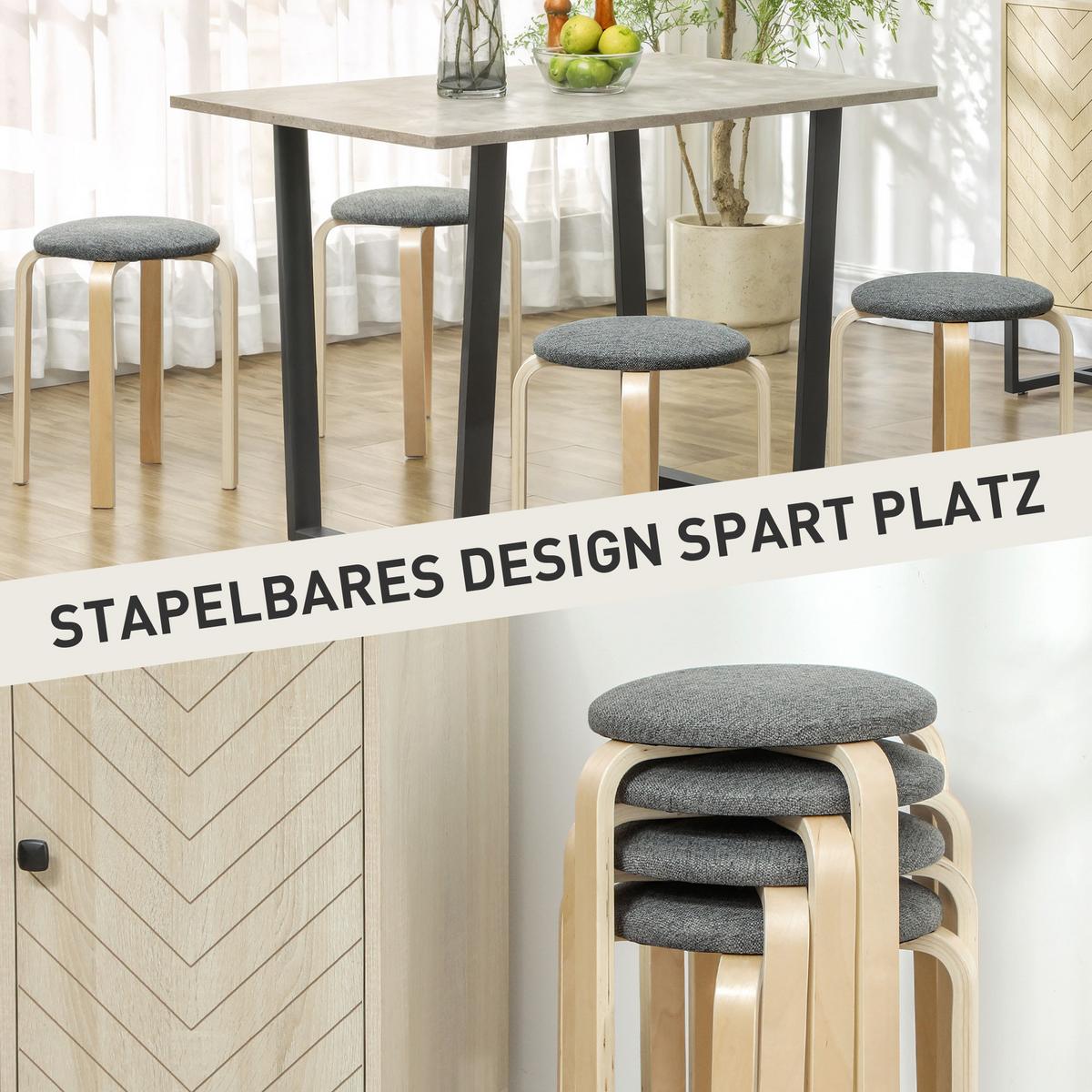 4ER Set Esszimmerhocker Stapelhocker Hocker mit Leinenoptik für Wohnzimmer Grau - Grau, Holzwerkstoff (40/45/40cm) - HOMCOM