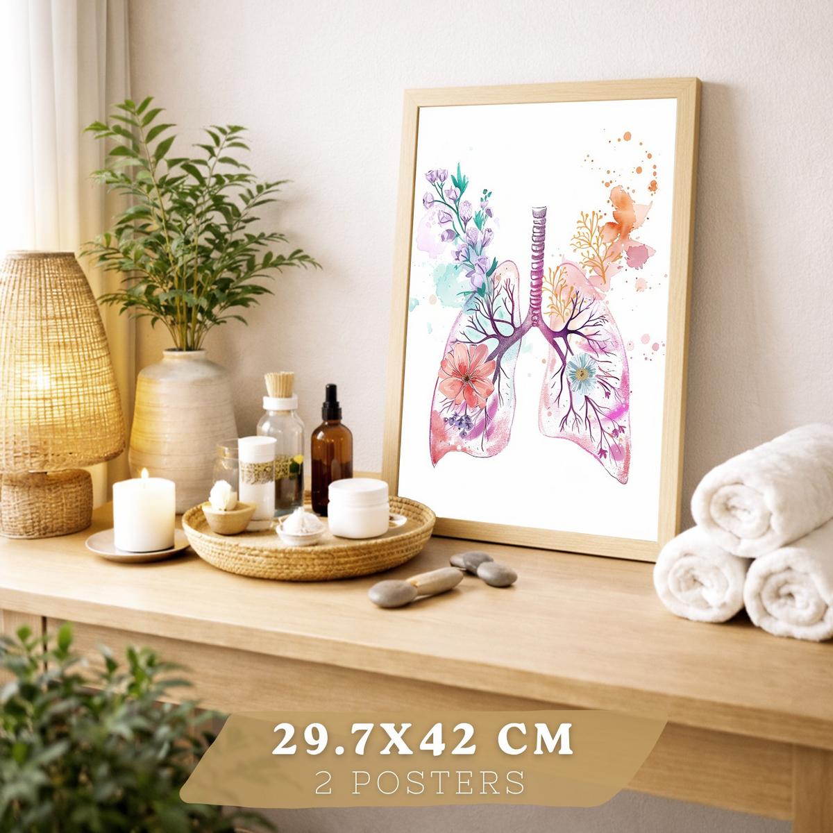 POSTER Set aus 2 Anatomie Mensch Drucke und Wandbilder mit Herz und Atmungssystem Floraler Stil Wanddekoration Größe Leichter Holzrahmen A3 - Beige, Papier (29.7/42/3cm) - Nacnic