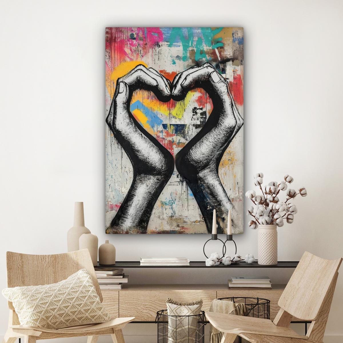 LEINWANDBILD Hände - Herz - Straßenkunst - Graffiti Deko Groß 90x140 cm - Multicolor, Textil (90/140cm) - MuchoWow
