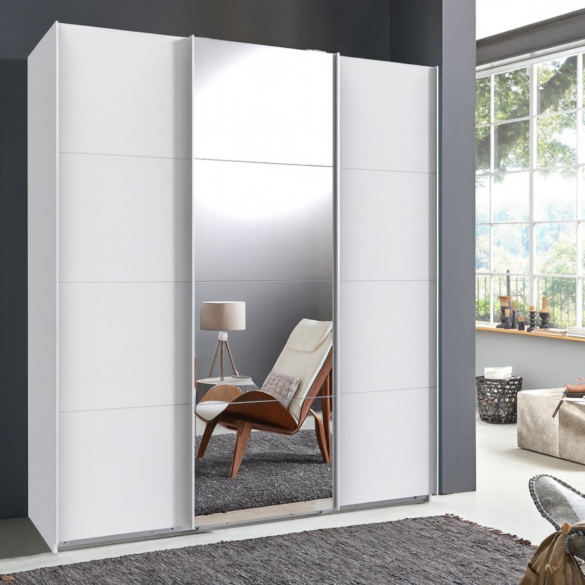 SCHWEBETÜRENSCHRANK 3-türig B180/H208/T64 cm in Weiß, Kleiderschrank mit einer Spiegeltür / 22511 - Weiß, Holzwerkstoff/Metall (180/208/64cm) - luma-home