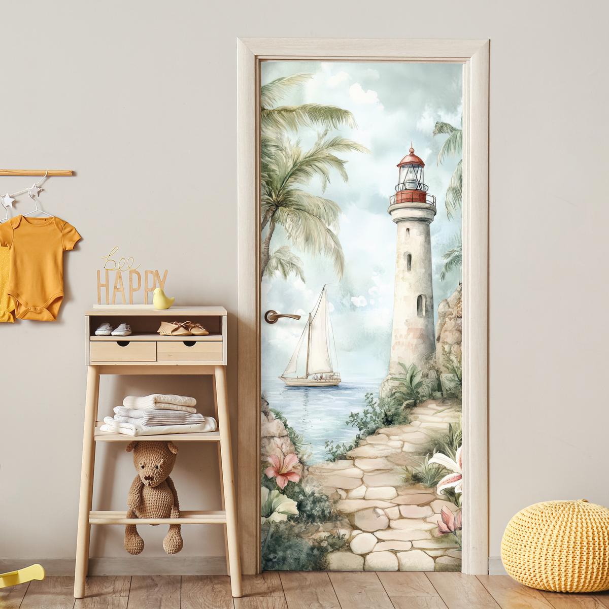TÜRAUFKLEBER Leuchtturm - Natur - Landschaft - Boot 90x215 cm - Türtapete - Eichefarben, Kunststoff (90/0.1cm) - MuchoWow