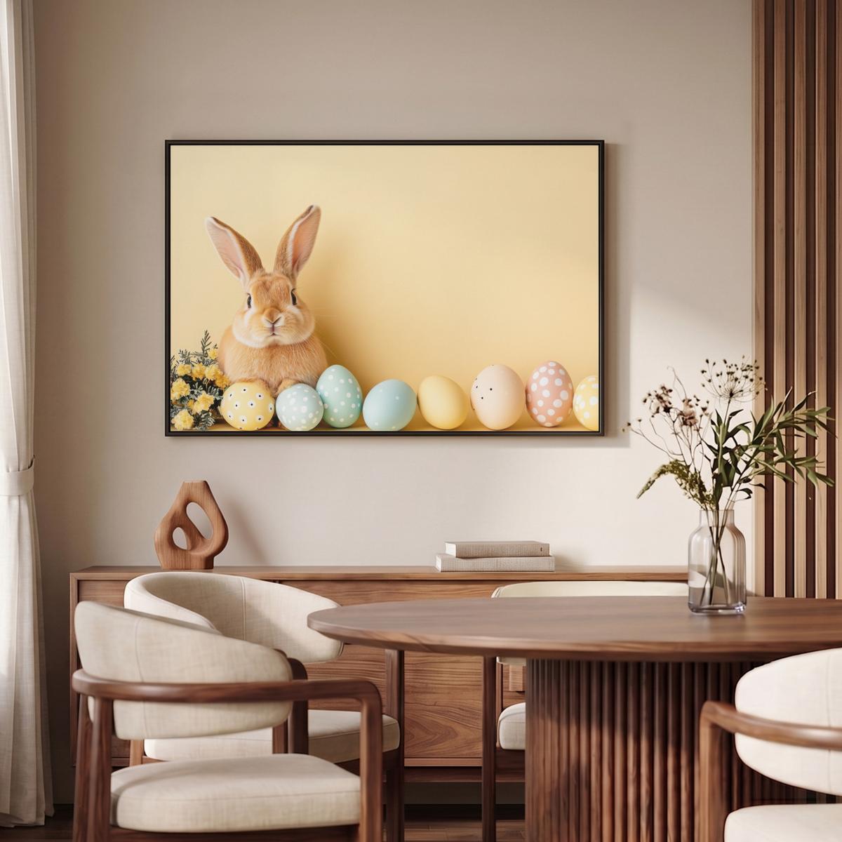LEINWAND Bilder mit Rahmen - Eier - Kaninchen - Pastellfarbtöne - 90x60 - Hellgelb, Textil (90/60cm) - MuchoWow
