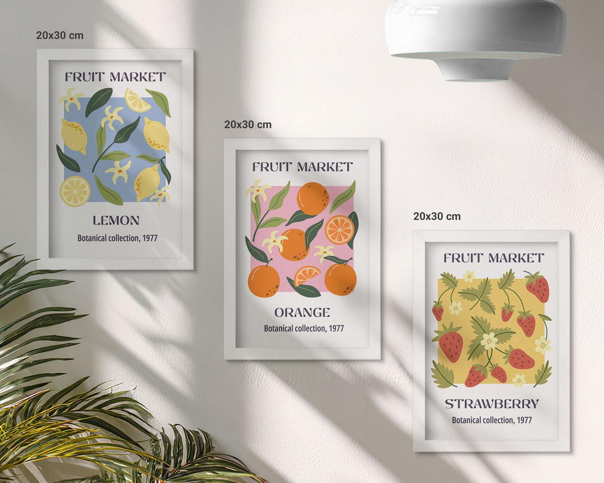 BILDER SET 3er Set - 20x30 cm Weißer Rahmen - Fruchtposter Zitronen Erdbeeren - Weiß, Kunststoff (20/30cm) - TULUP