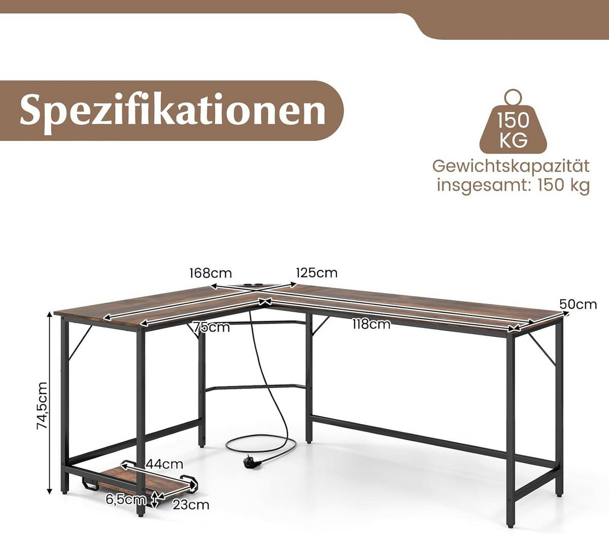 COMPUTERTISCH Braun - Braun, Holzwerkstoff (50/168/74.5cm) - COSTWAY