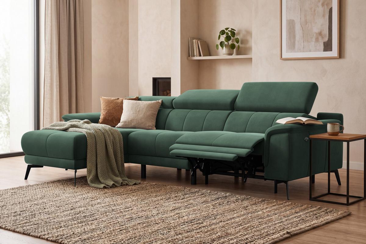 ECKSOFA FIERO 4-Sitzer LINKS, Grüner Veloursstoff - Schwarz/Grün, Holz/Textil (288/170cm) - Courtois Laville
