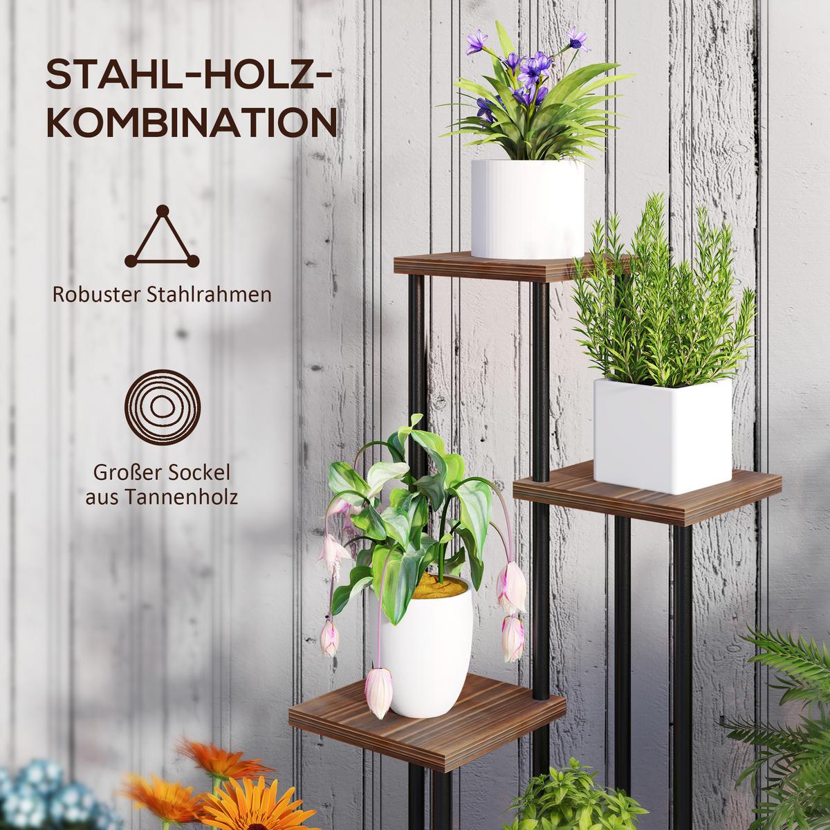 PFLANZENSTÄNDER Stahl Tannenholz Verkohlt - Dunkelbraun, Metall (59/110/59cm) - Outsunny