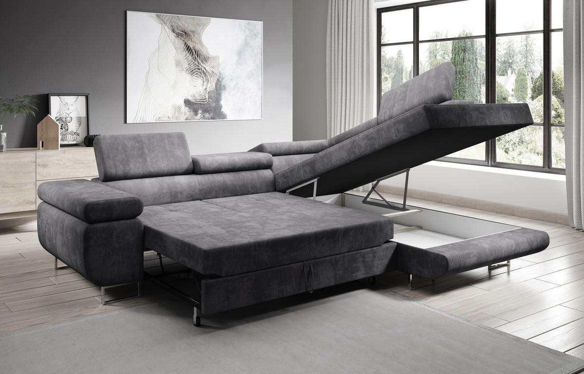 ECKSOFA L Form Kanya Grau 275/202/90 cm – Sofa mit Bettfunktion & Stauraum R - Dunkelgrau/Silberfarben, Textil/Metall (275/202cm) - AX Living