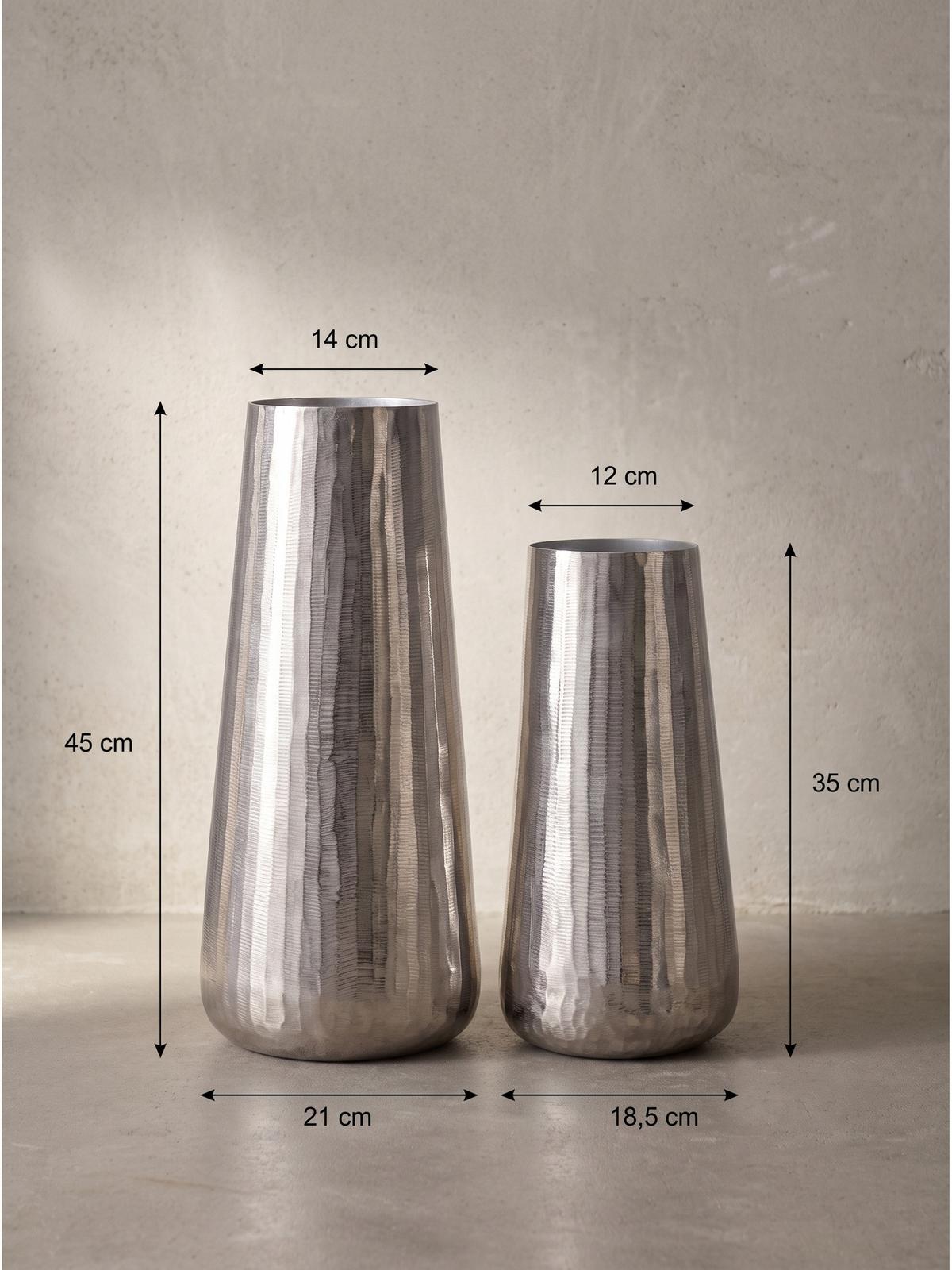 VASEN 2er-Set AMALFI, Aluminium, handgefertigt, Silber, Ø 21 x 45 cm - Silberfarben, Metall (45cm) - KADIMA DESIGN