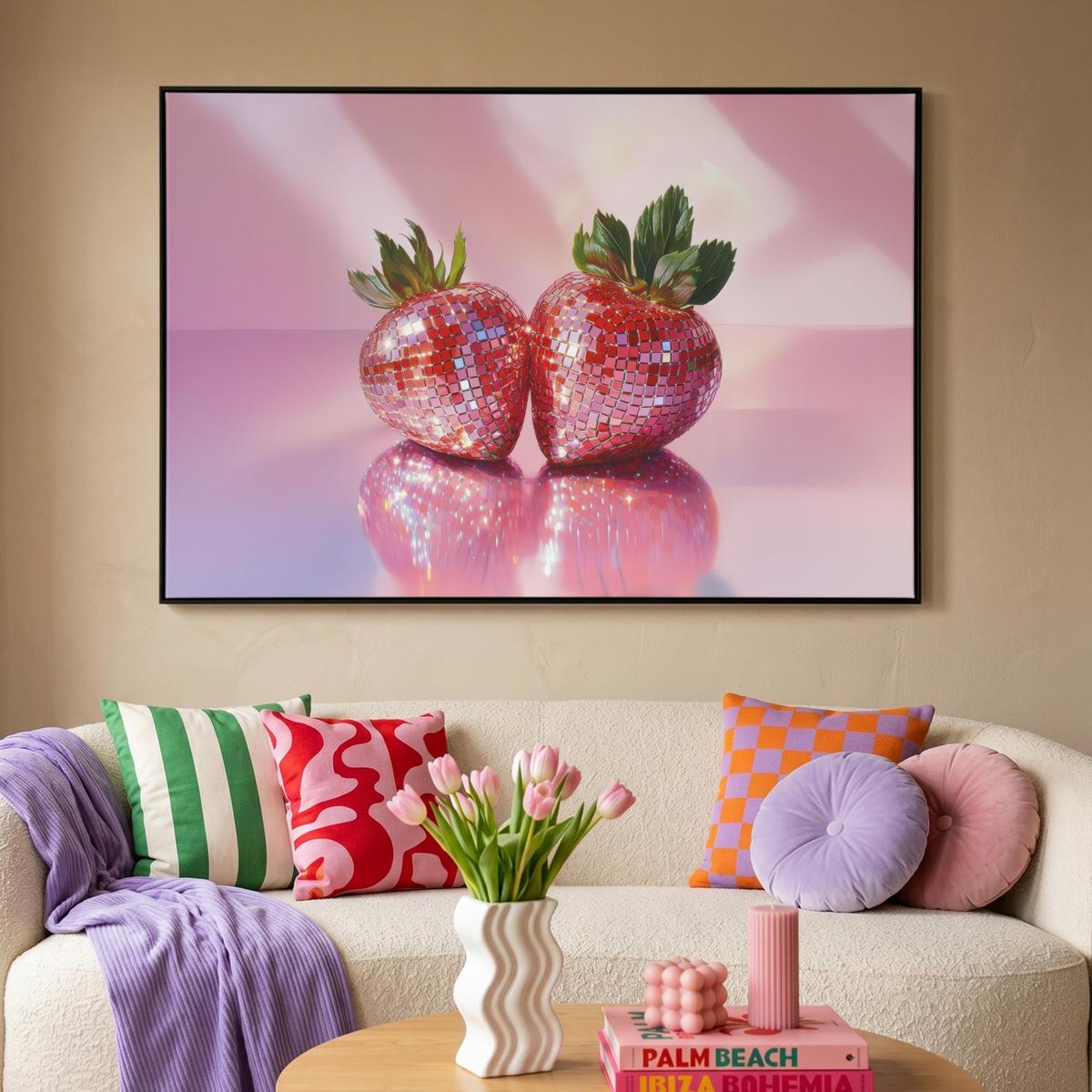 LEINWAND Bilder mit Rahmen - Disco - Obst - Glitzer - Erdbeere - 120x80 - Pink, Textil (120/80cm) - MuchoWow