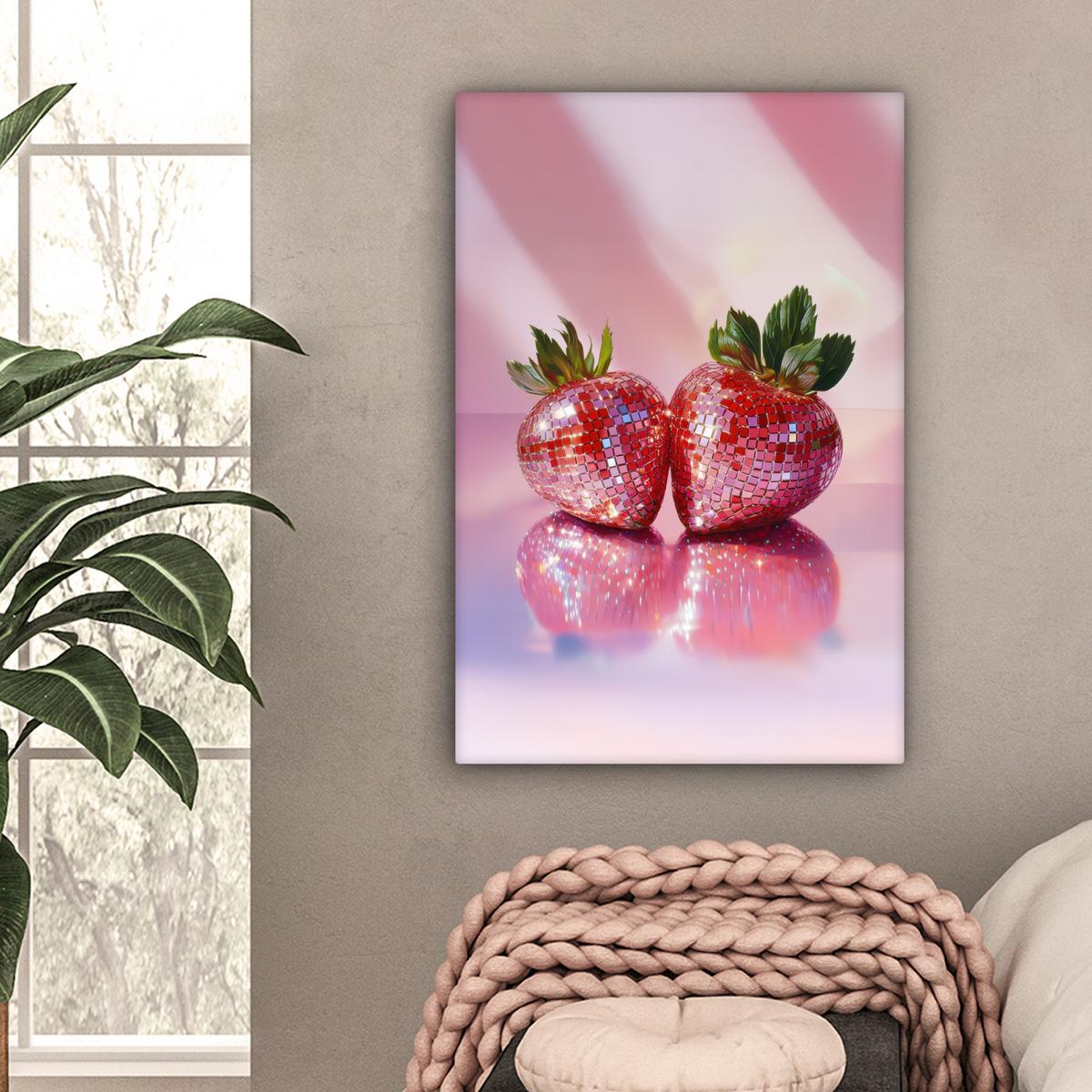 LEINWANDBILD Disco - Obst - Glitzer - Erdbeere Wanddeko Schlafzimmer 60x90 cm - Pink, Textil (60/90cm) - MuchoWow