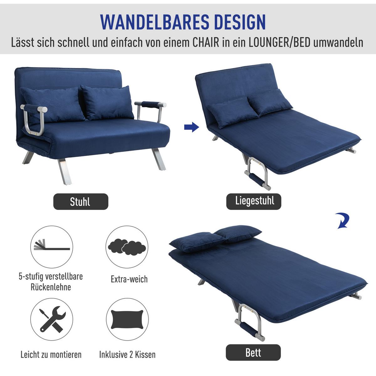 2-SITZER Sofa mit Schlaffunktion, Schlafsofa mit Verstellbarer Rückenlehne, Blau - Blau/Silberfarben, Textil/Metall (80/78/111cm) - HOMCOM