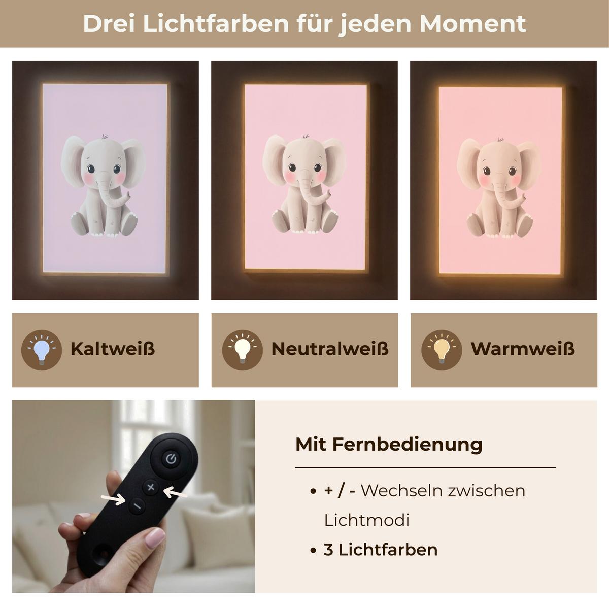 WANDLEUCHTE MIT AKKU Elefant - Baby - Rosa - Cartoon 70x100 cm - Hellrosa, Holzwerkstoff (70/100/8cm) - OnlyWow