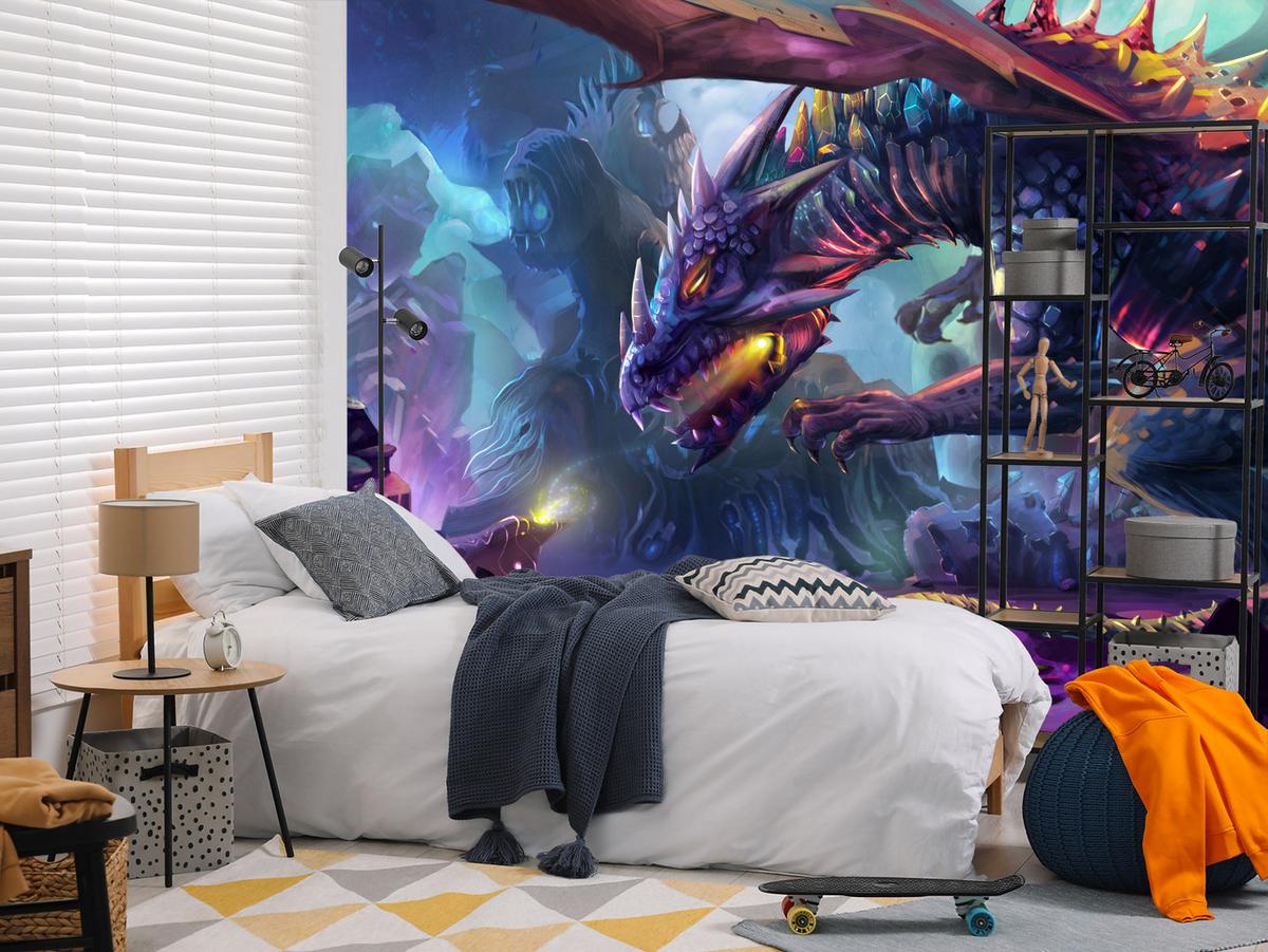 FOTOTAPETE für Jugendzimmer Fantastischer Drache Magische Welt Fantasy 350x256 - Türkis/Violett, Papier (350/256cm) - Muralo