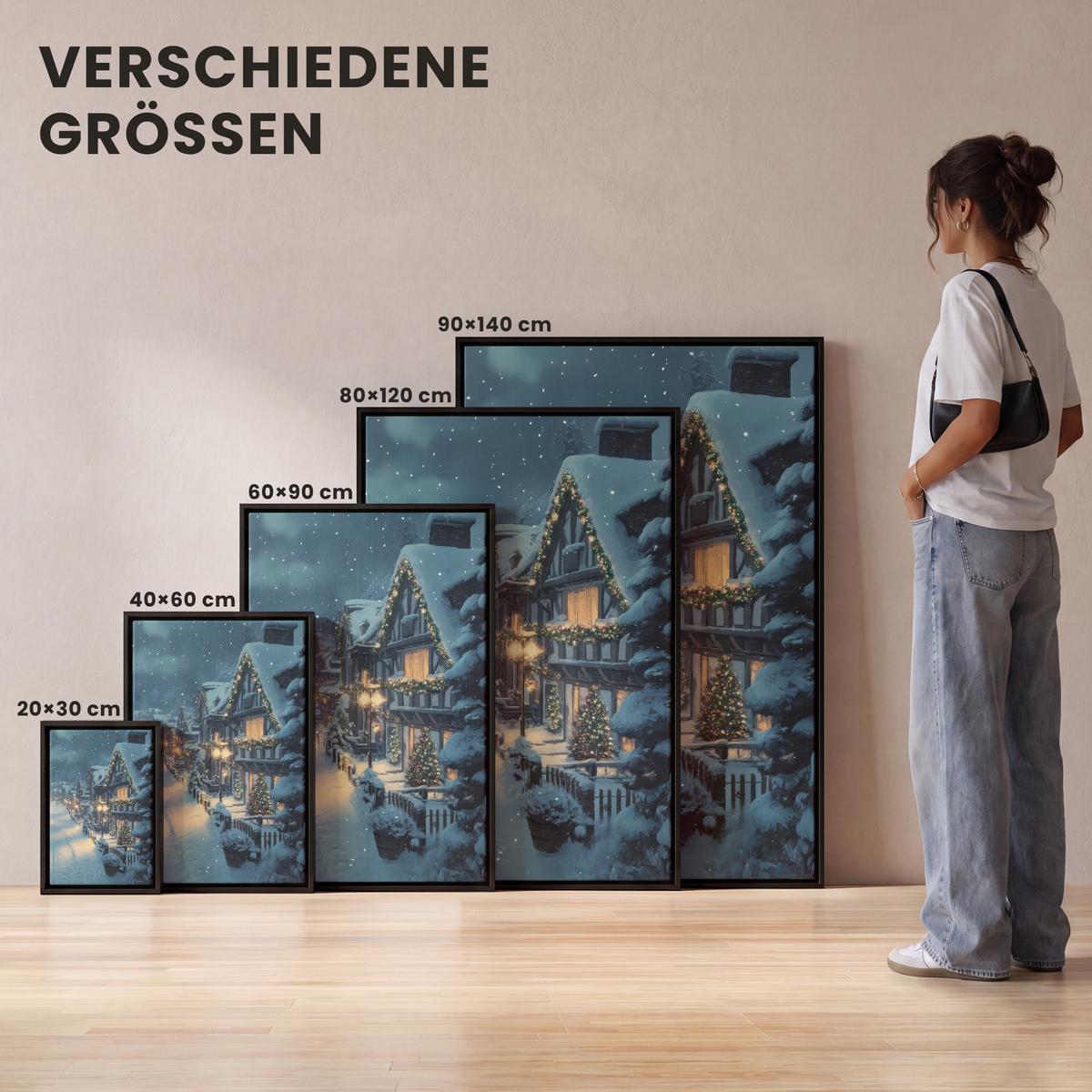 LEINWAND Bilder mit Rahmen - Weihnachtsdorf - Weihnachten - Schnee - Winter - 90x140 - Dunkelblau, Textil (90/140cm) - MuchoWow