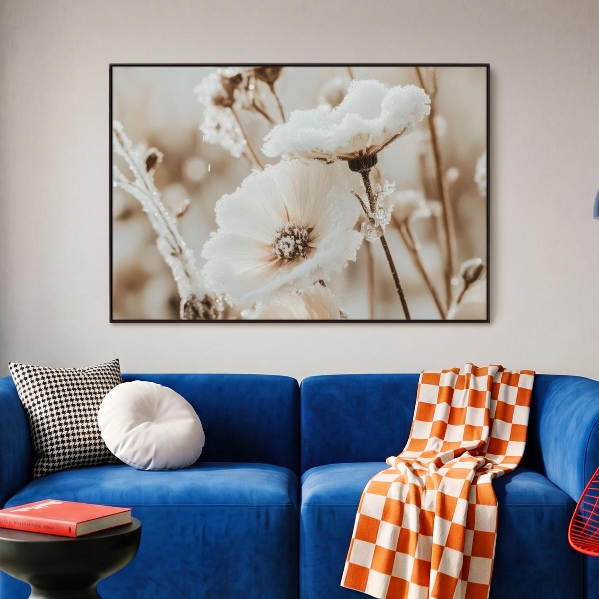 LEINWAND Bilder mit Rahmen - Blumen - Winter - Weiß - Schnee - Beige - 90x60 - Creme, Textil (90/60cm) - MuchoWow