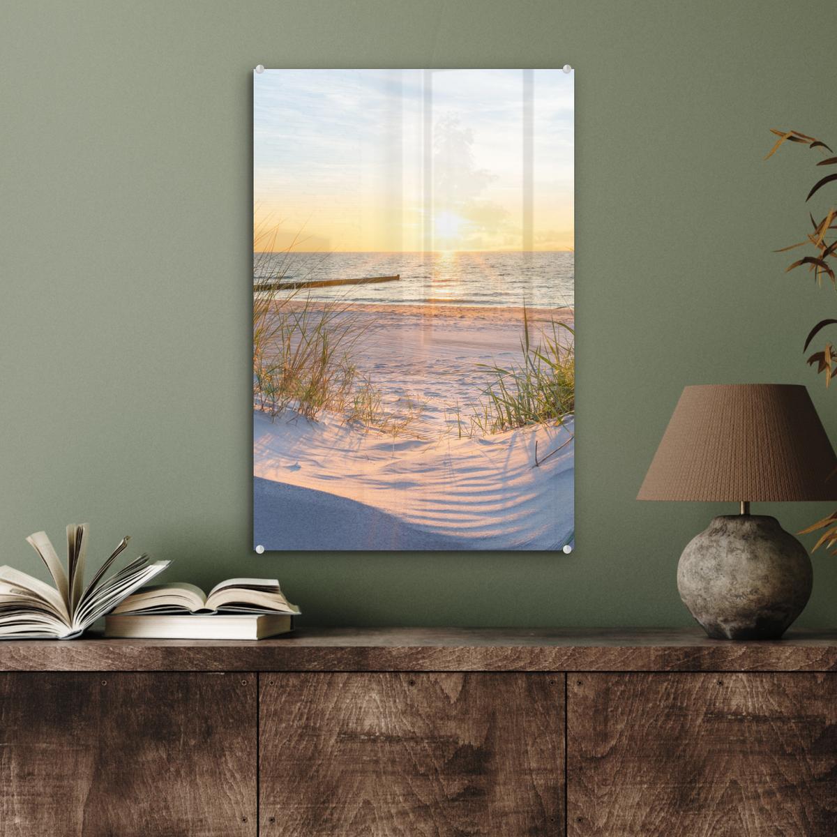 ACRYLGLASBILD Strand - Sonne - Düne - Gras - Sand - Horizont Wanddeko Wohnzimmer 40x60 cm - Hellblau, Glas (40/60cm) - MuchoWow