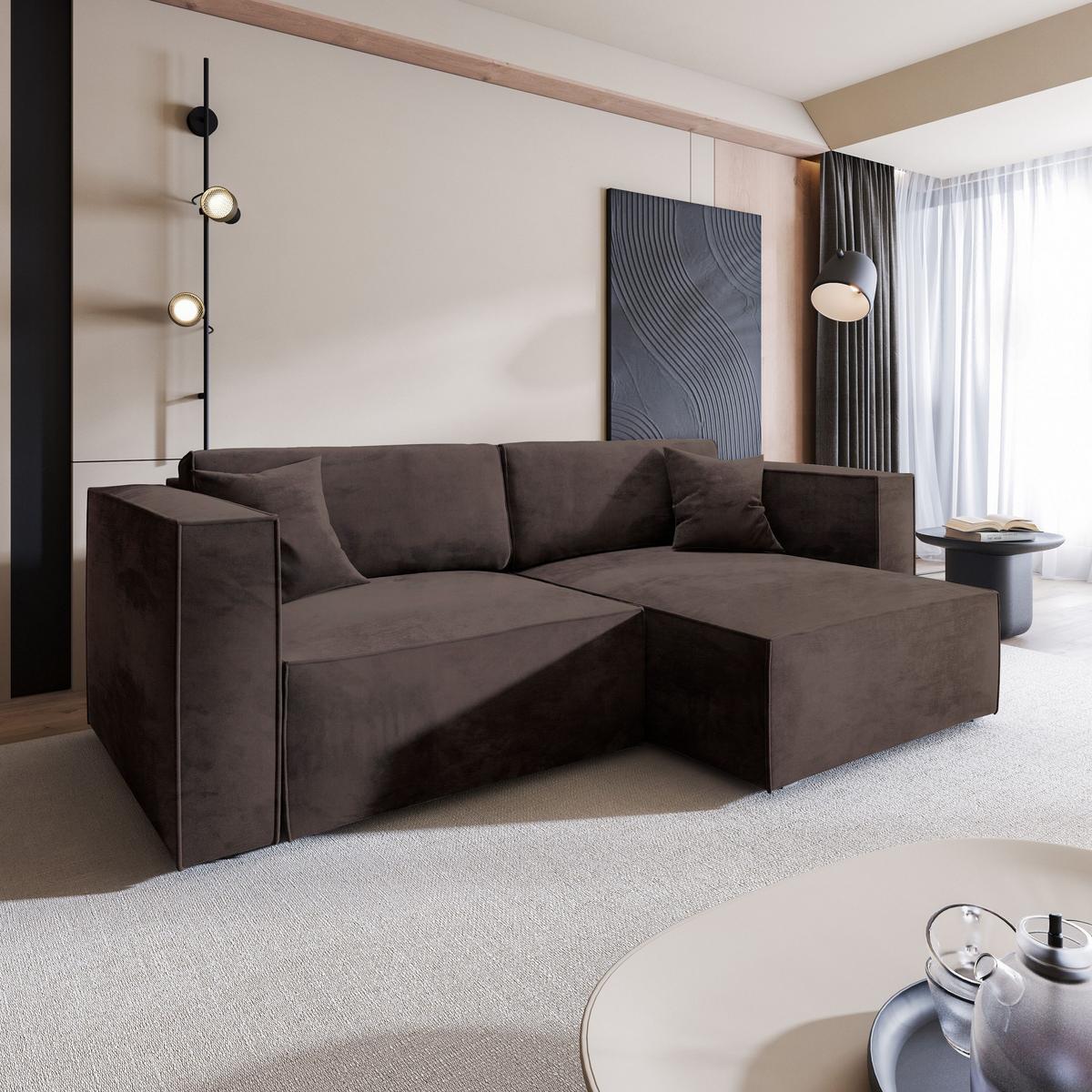 ECKSOFA NERIO M Braun Velours-Stoff mit Schlaffunktion - Braun/Grau, Holz/Kunststoff (245/148cm) - MASSENO
