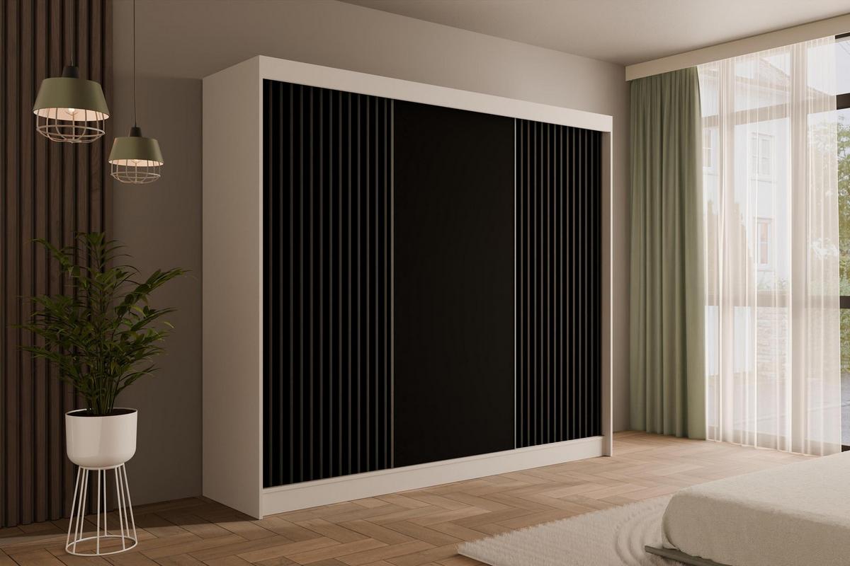 KLEIDERSCHRANK mit Lamel-Schiebetüren VILANv2 - 250 cm Weiß + Lamelle schwarz - Schwarz/Weiß, Holzwerkstoff (250/215/61cm) - ALTDECOR