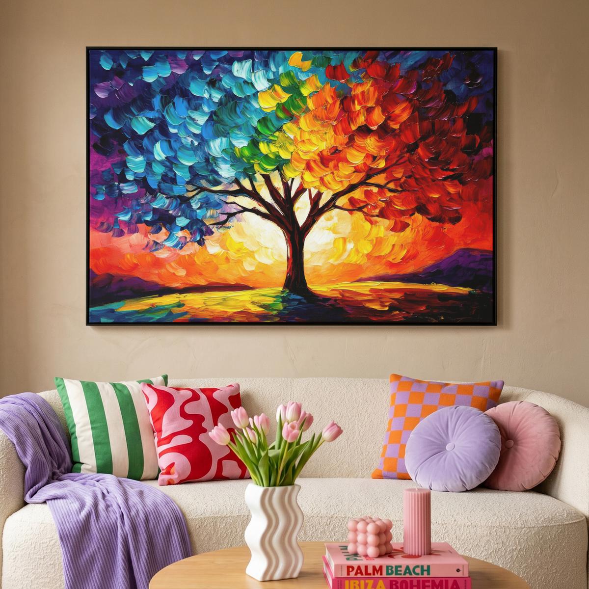 LEINWAND Bilder mit Rahmen - Baum - Kunst - Natur - Sonnenuntergang - 120x80 - Multicolor, Textil (120/80cm) - MuchoWow