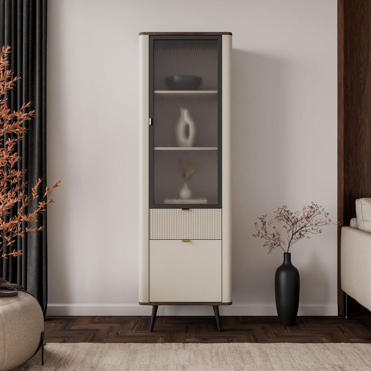 VITRINE schmal AUTUMN 1D1S1W mit Schublade, Kaschmir / Nussbaum - Beige, Holzwerkstoff (60/191/40cm) - Lookway