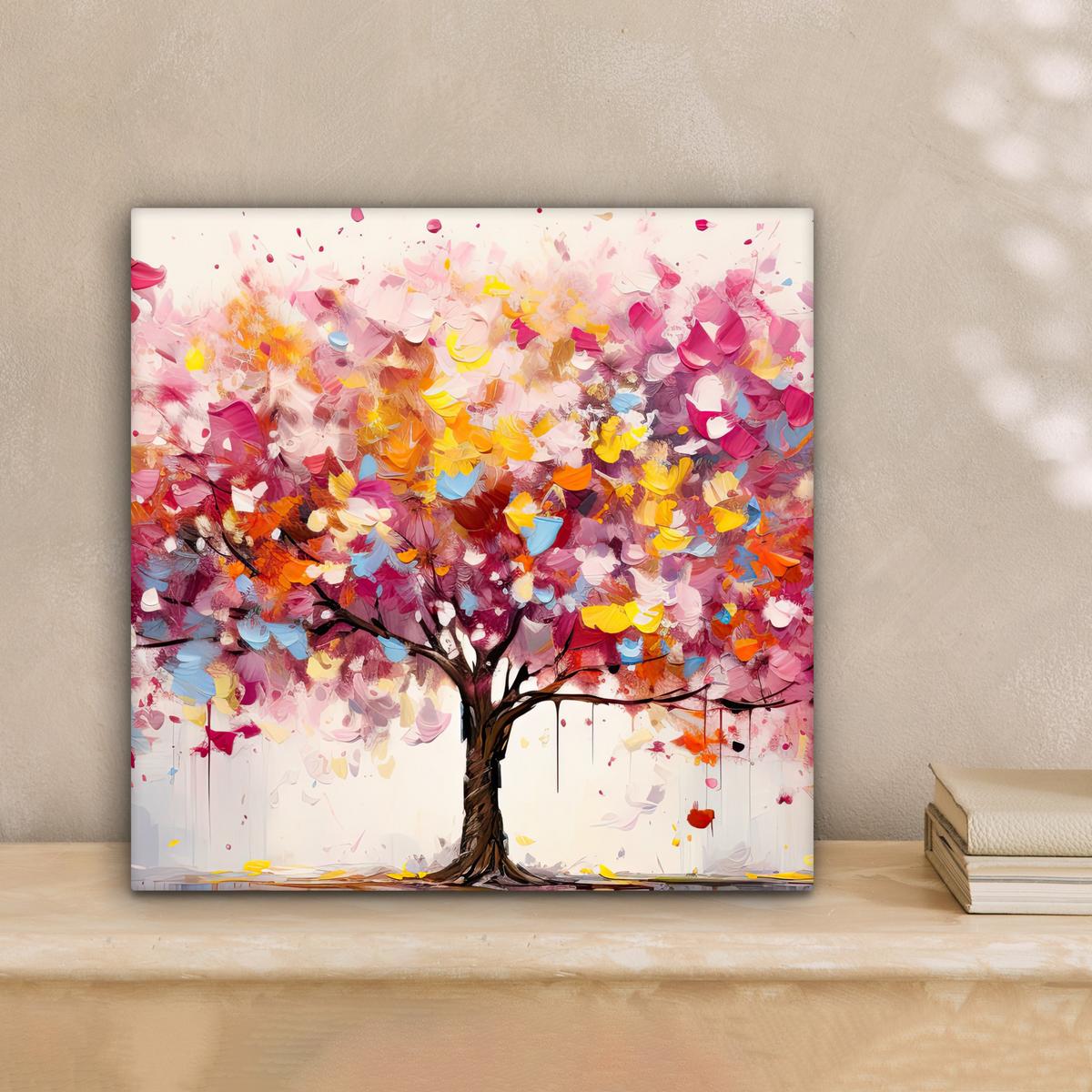 LEINWANDBILD Aquarell - Baum - Kunst - Abstrakt Deko Wohnzimmer 20x20 cm - Rosa, Textil (20/20cm) - MuchoWow