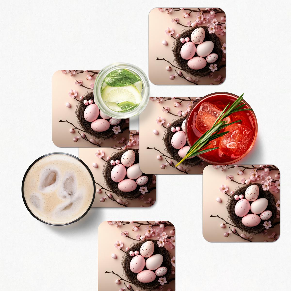 GLASUNTERSETZER 6er-Set Rosa - Blüten - Eier Tischset für Gläser 10x10 cm - Hellrosa, Naturmaterialien (10/0.2cm) - MuchoWow