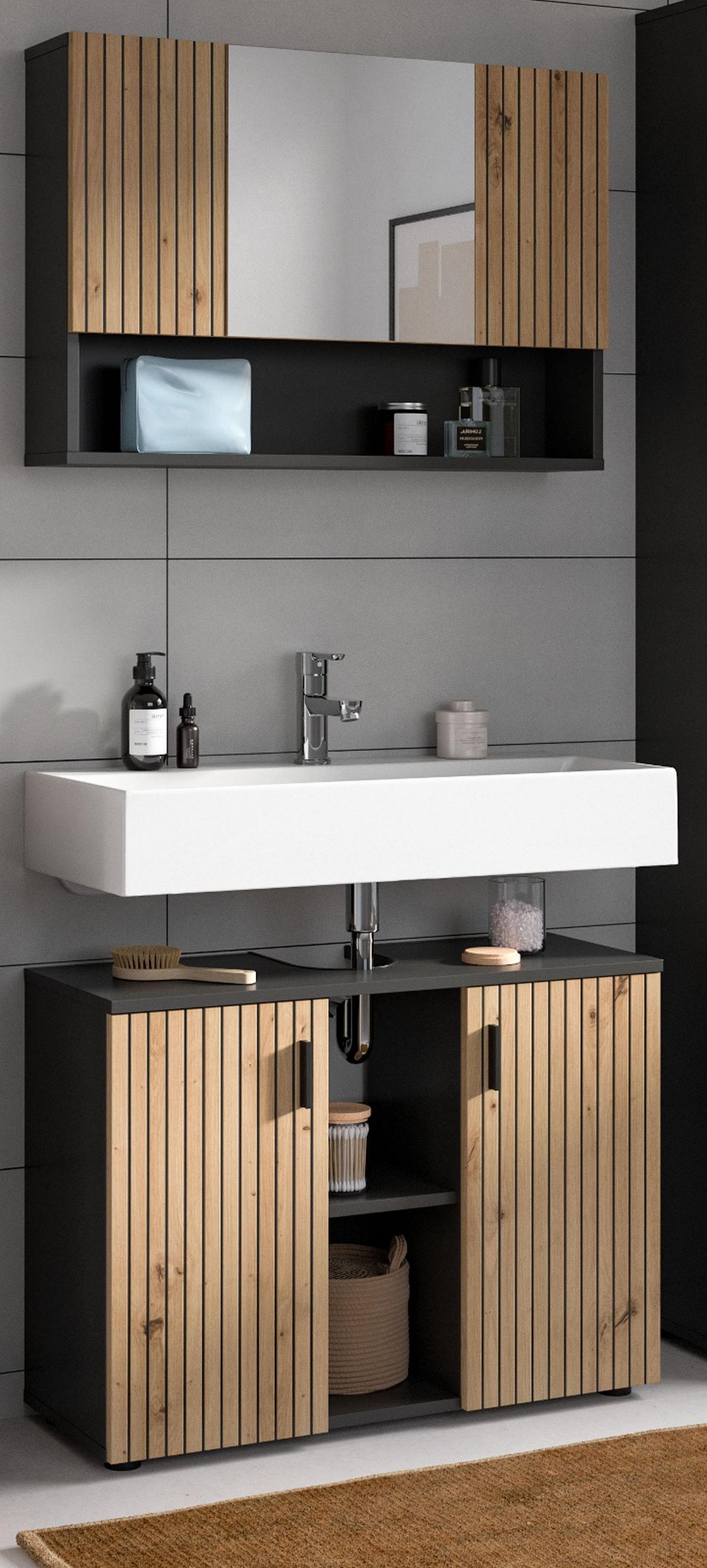 BADMÖBEL-SET Eiche Artisan, grau 2-teilig 80 cm, Badkombination mit Rillen-Optik - Schwarz/Eiche Artisan, Glas/Holzwerkstoff (80/180/30cm) - Inn.Furn