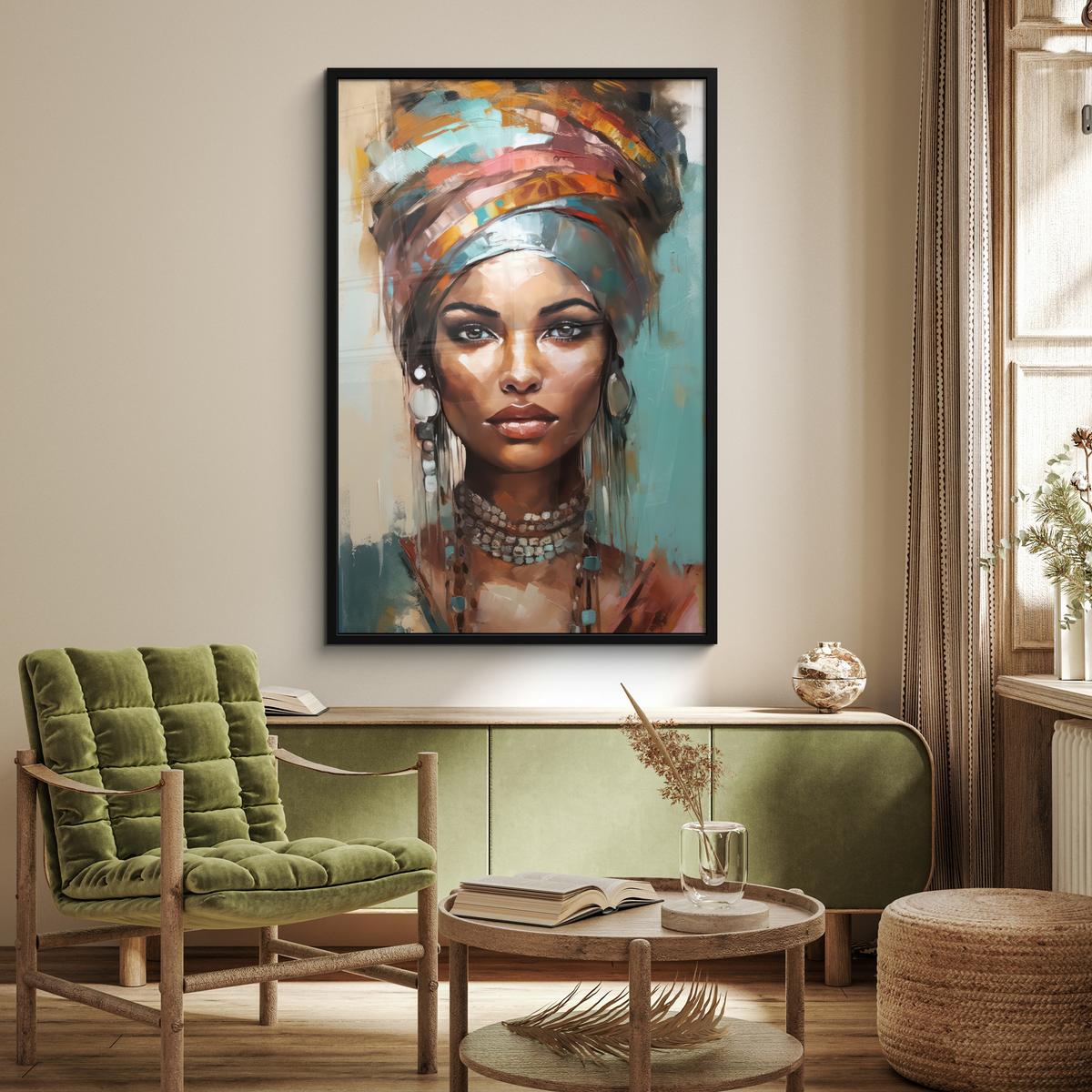 POSTER MIT RAHMEN Frau - Kunst - Schmuck - Porträt Bilderleiste 80x120 cm - Blaugrau, Papier (80/120cm) - MuchoWow