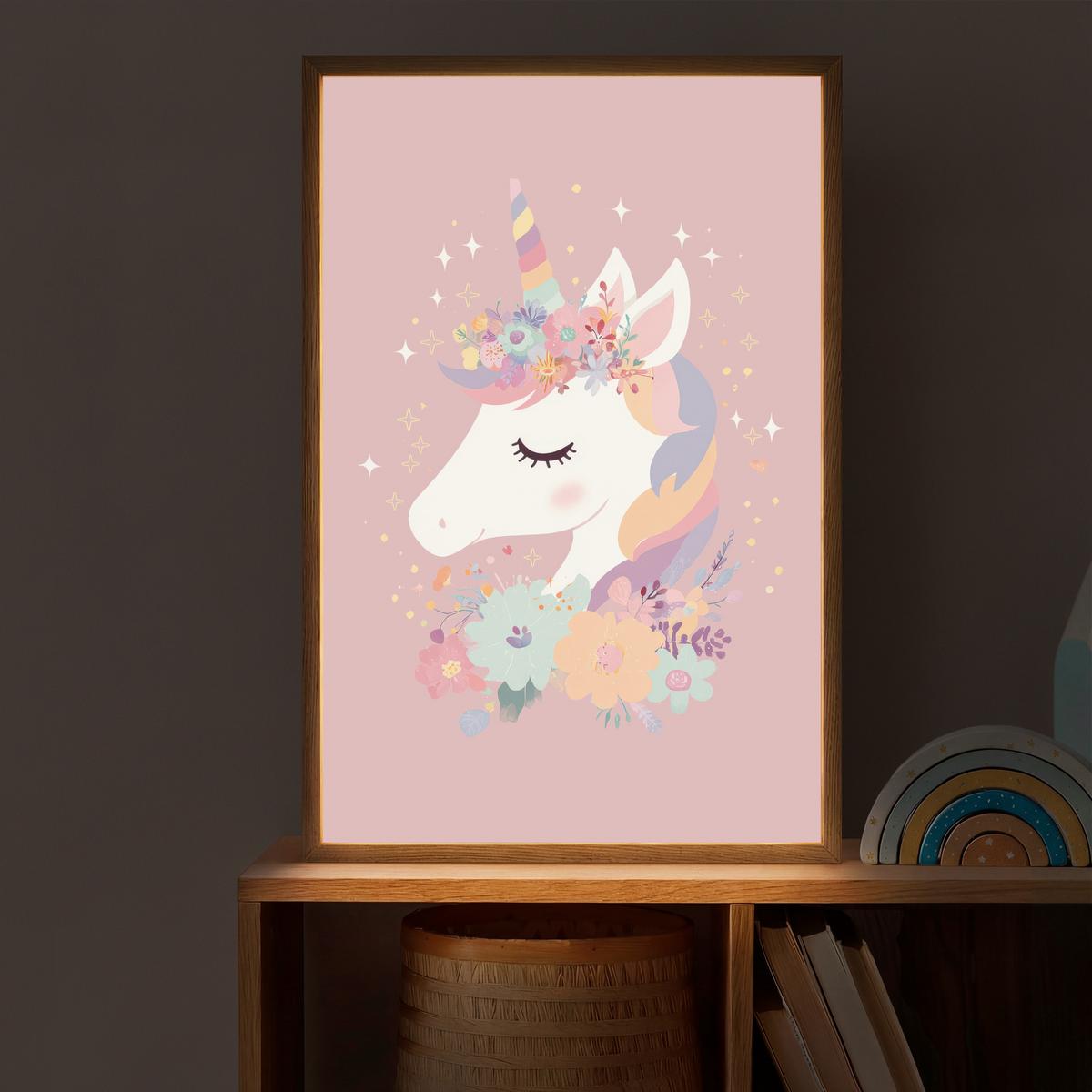 WANDLEUCHTE MIT AKKU Einhorn - Rosa - Blumen 40x60 cm - Rosa, Holzwerkstoff (40/60/8cm) - OnlyWow