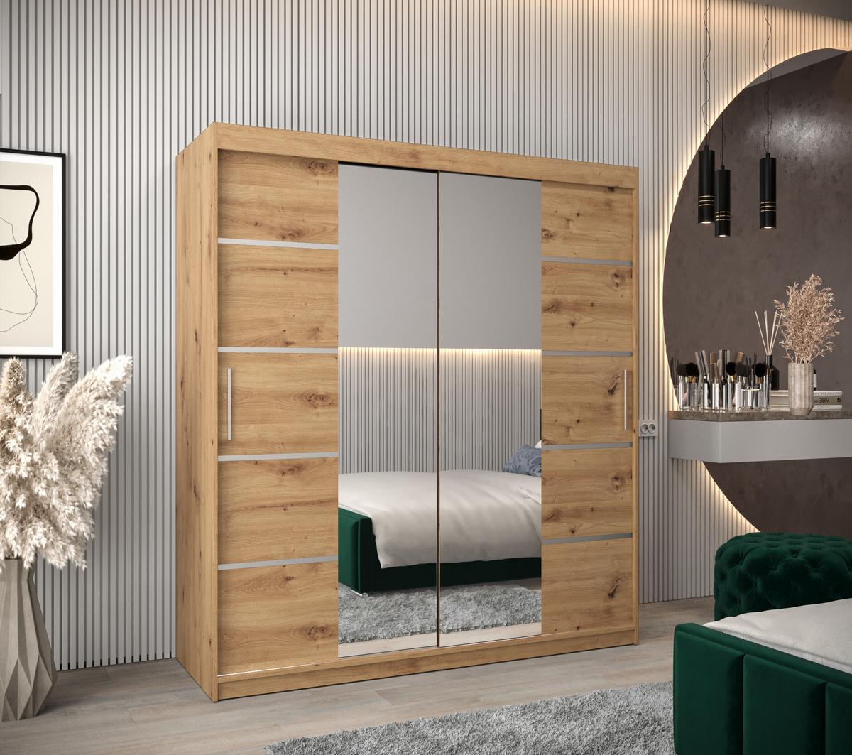 SCHWEBETÜRENSCHRANK 200/180/62 2-türig - Silberfarben/Eiche Artisan, Holz/Kunststoff (180/200/62cm) - MÖBEL KRYSPOL