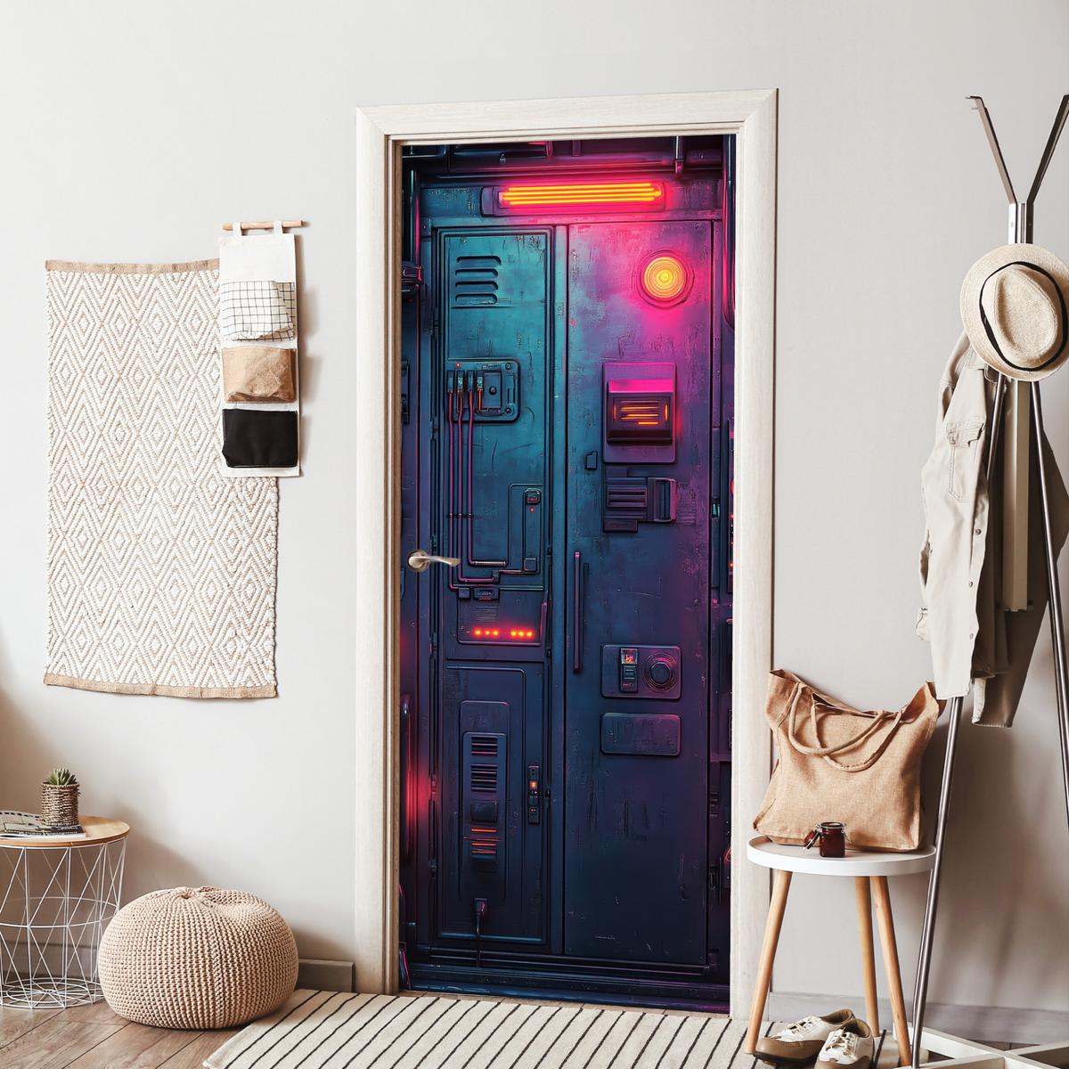 TÜRAUFKLEBER Tür - Futuristisch - Blau - Rosa - Neon Room Decor 85x205 cm - Türtapete - Anthrazit, Kunststoff (85/0.1cm) - MuchoWow