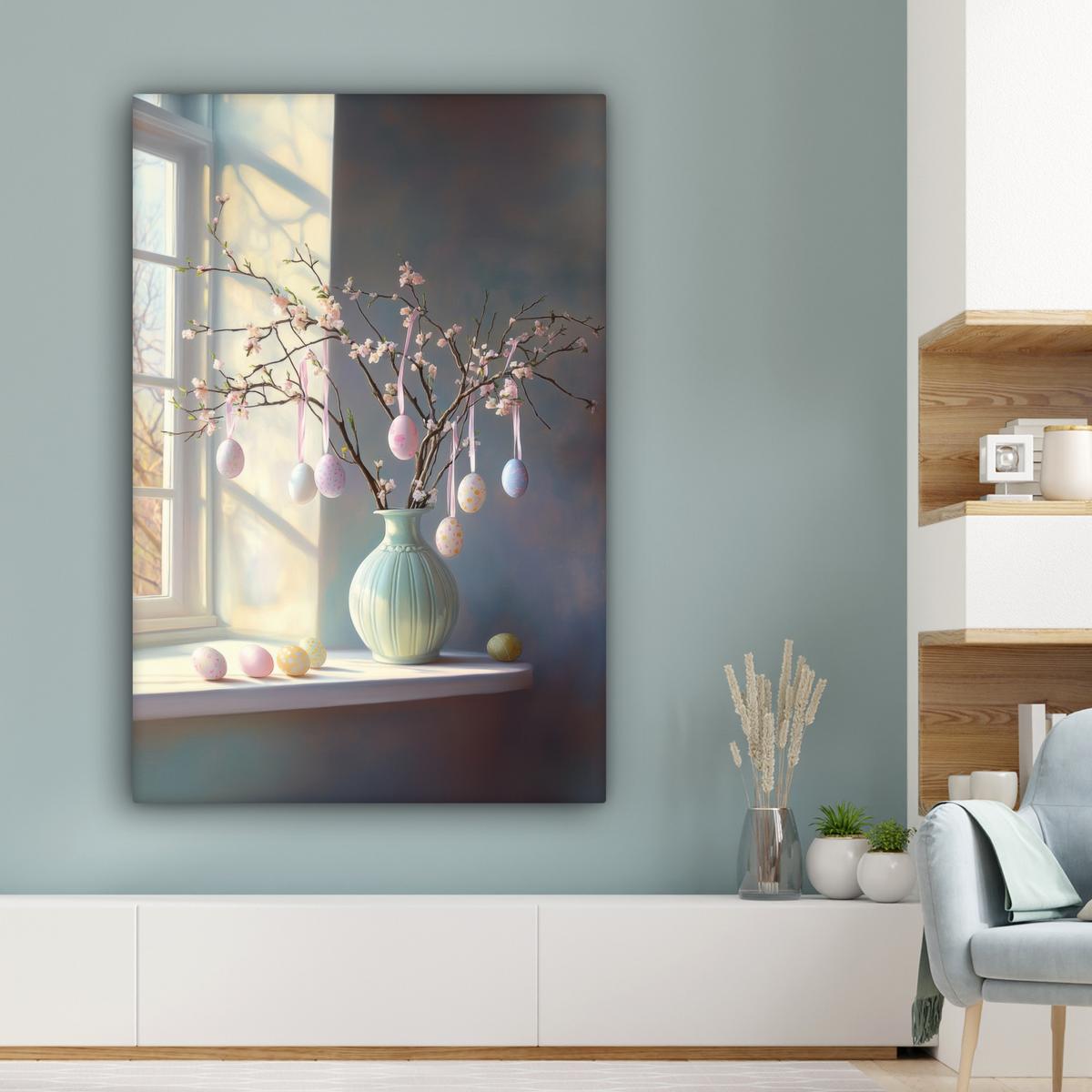 LEINWANDBILD Stillleben - Vase - Osterzweig Deko XXL 80x120 cm - Hellblau, Textil (80/120cm) - MuchoWow