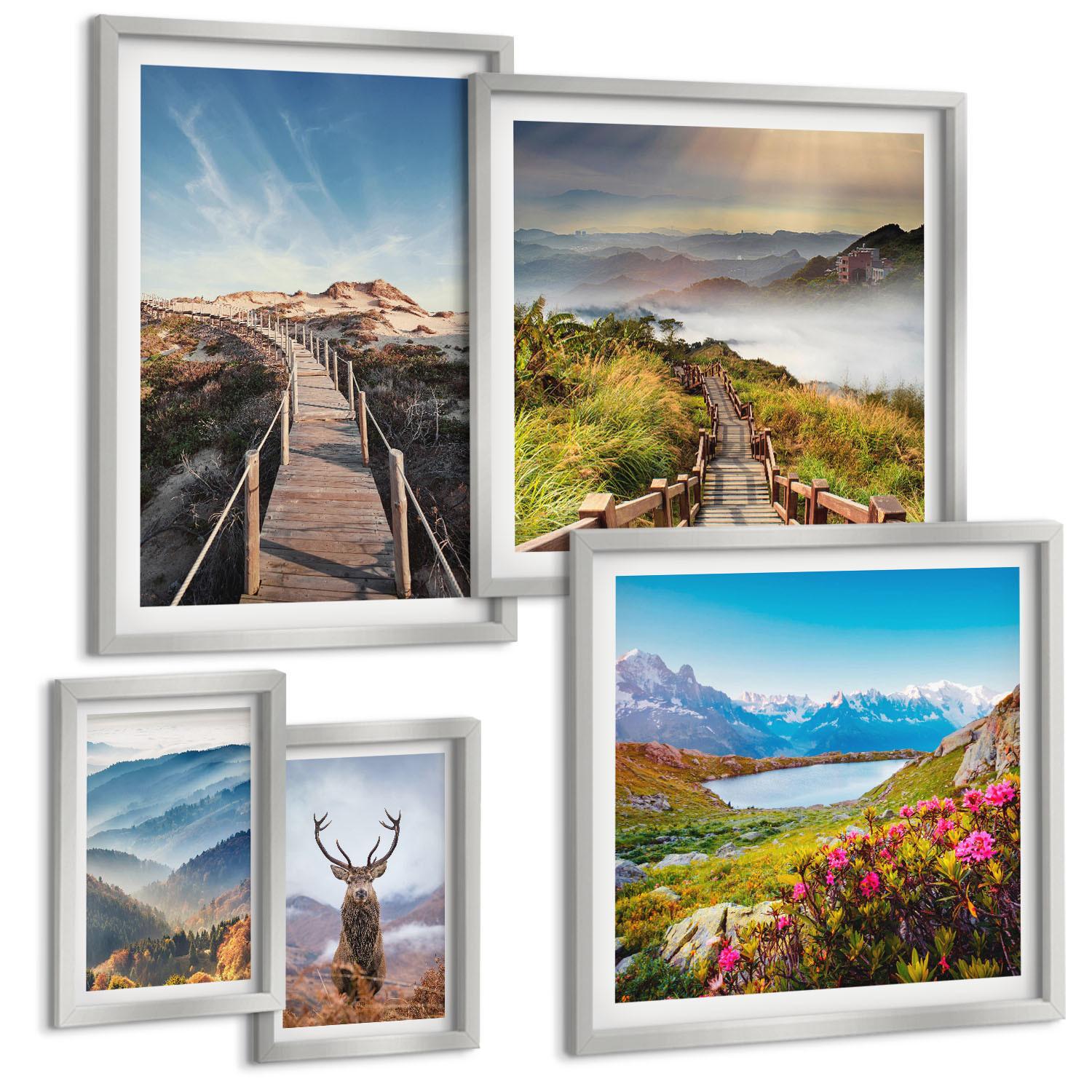 BILDER SET 5er Set - 50x50 cm & 20x30 cm & 40x60 cm Silberner Rahmen - Berglandschaft, See, Hirsche - Silberfarben, Kunststoff (40/60cm) - TULUP