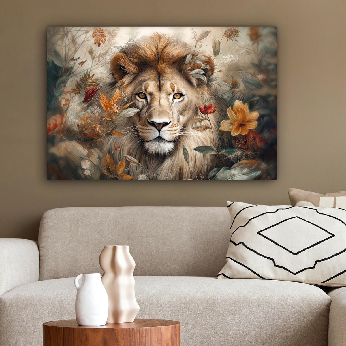 LEINWANDBILD Löwe - Wildtiere - Pflanzen - Natur - Blumen Gemälde 60x40 cm - Beige, Textil (60/40cm) - MuchoWow