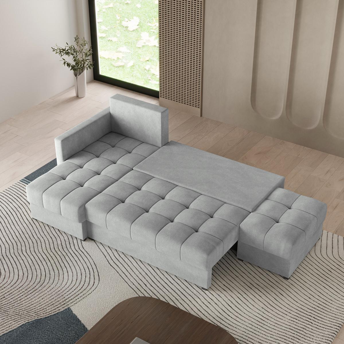 ECKSOFA LUMARI L-S Hellgrau Plüsch-Stoff mit Schlaffunktion - Hellgrau, Holz (262/143cm) - MASSENO