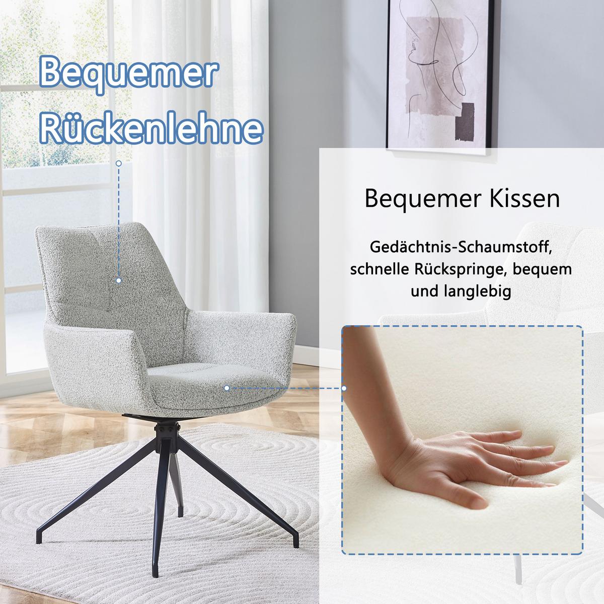 ESSZIMMERSTÜHLE 2er Set 360° Drehbar Stoff Hellgrau & Metallbeine Schwarz - Hellgrau, Textil (48/85/50cm) - Urban Meuble