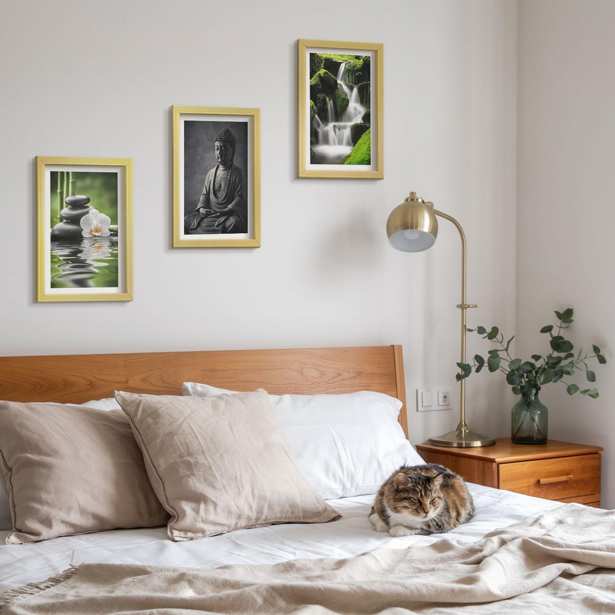BILDER SET 3er Set - 20x30 cm Goldrahmen - Entspannende Zen-Wassermalerei - Goldfarben, Kunststoff (20/30cm) - TULUP