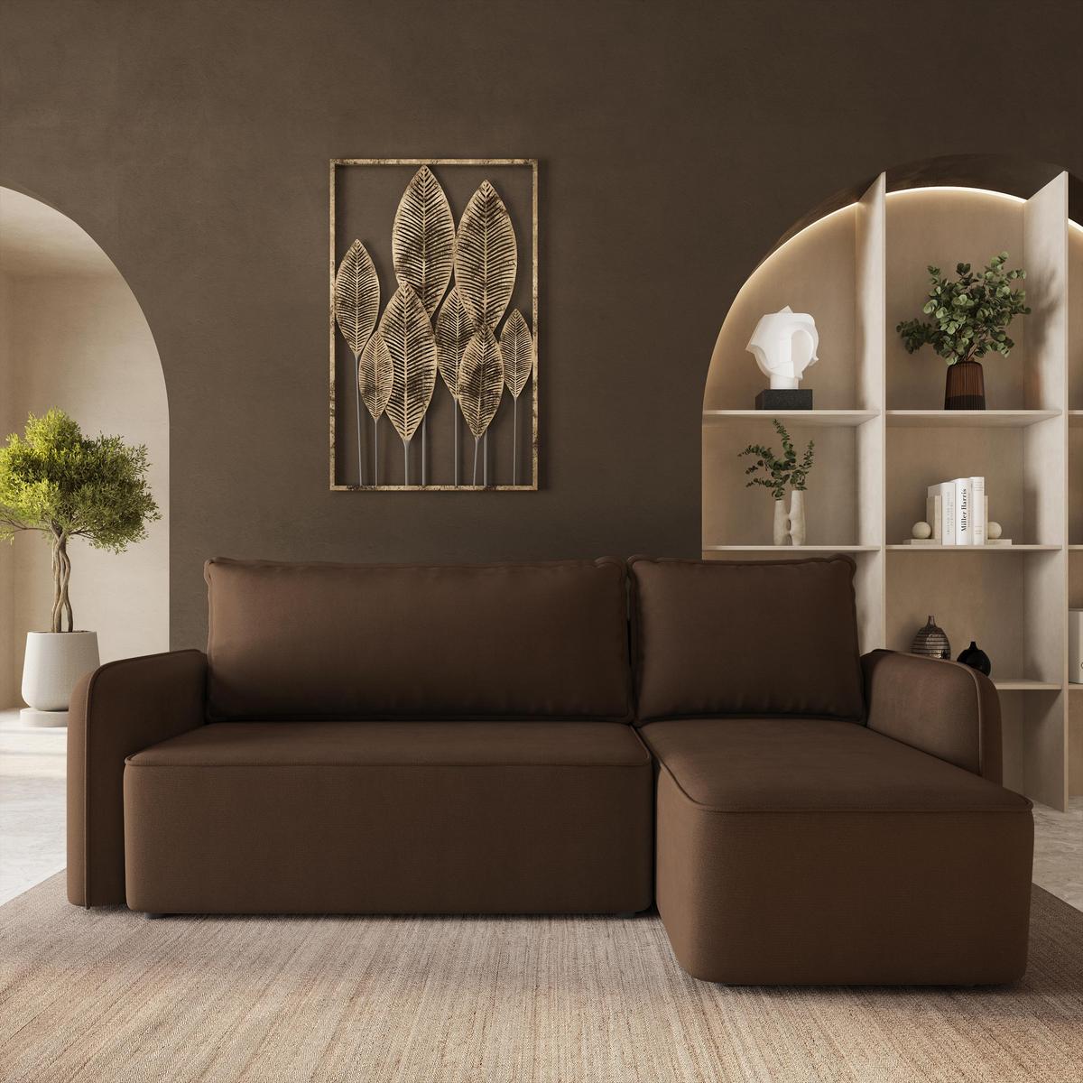 ECKSOFA DOLVER Braun Plüsch-Stoff mit Schlaffunktion - Braun, Holz (238/156cm) - MASSENO