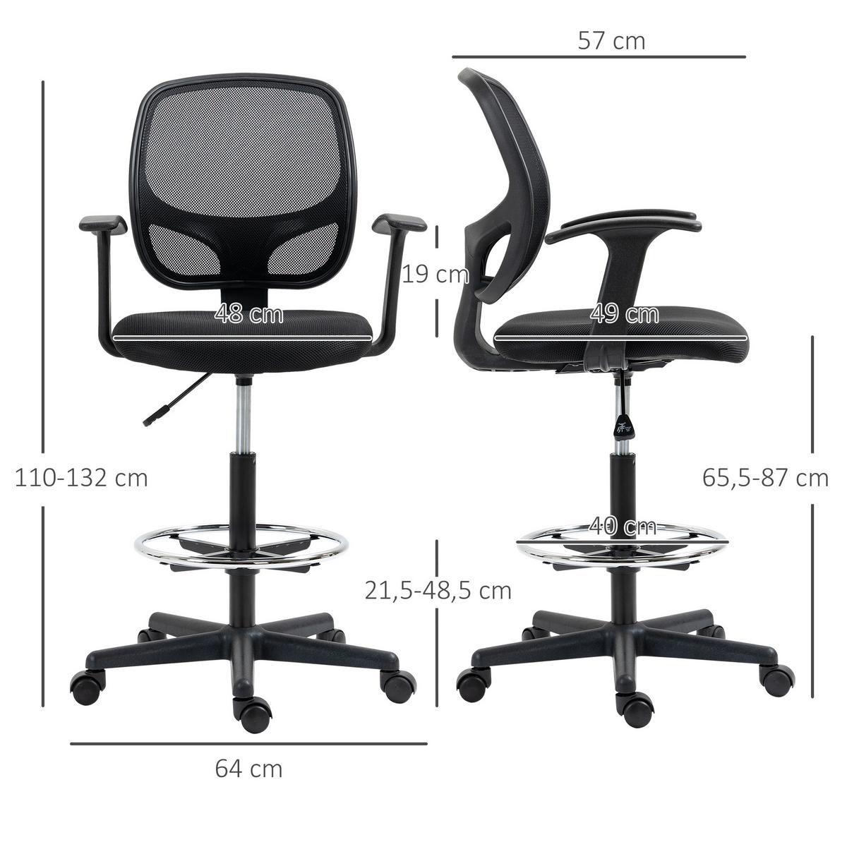 ARBEITSSTUHL Mesh Zeichenstuhl 360° Bürostuhl mit Fußring höhenverstellbar - Schwarz, Kunststoff/Textil (56/132/60cm) - Vinsetto