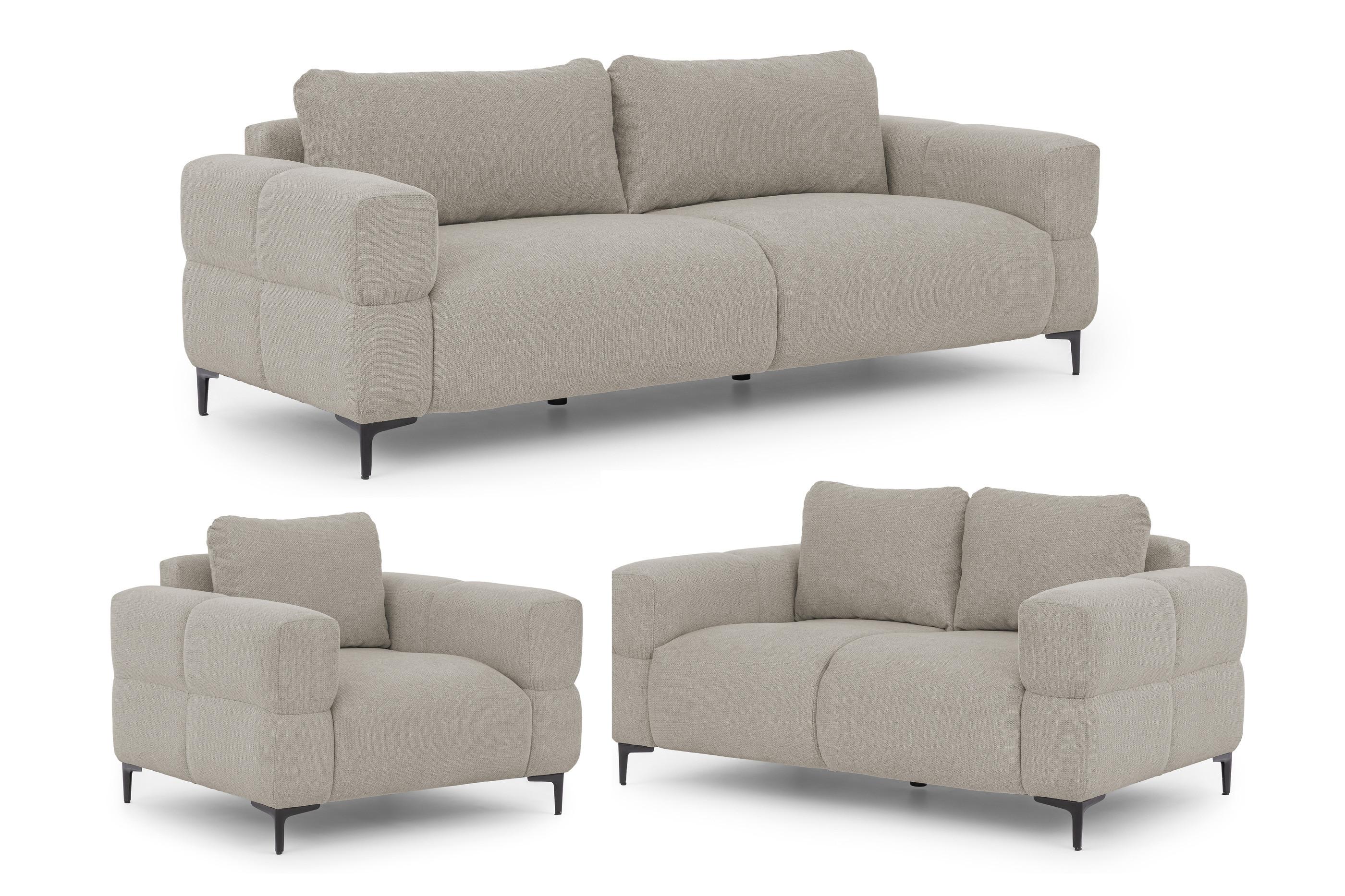 SITZGARNITUR 3+2+1 Cardea in Bubble-Optik aus weichem Taupe Strukturstoff mit hohem Sitzkomfort - Taupe/Schwarz, Holz/Textil (217/80/97cm) - S-Style Möbel
