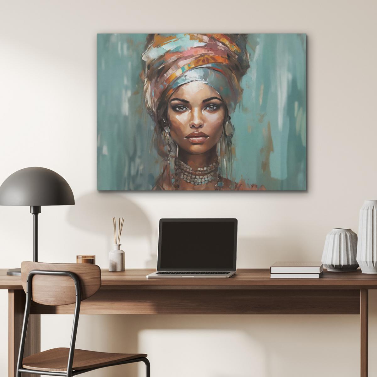 AKUSTIKBILD Frau - Kunst - Schmuck - Porträt Gemälde 80x60 cm - Blaugrau, Kunststoff (80/60/0.9cm) - MuchoWow