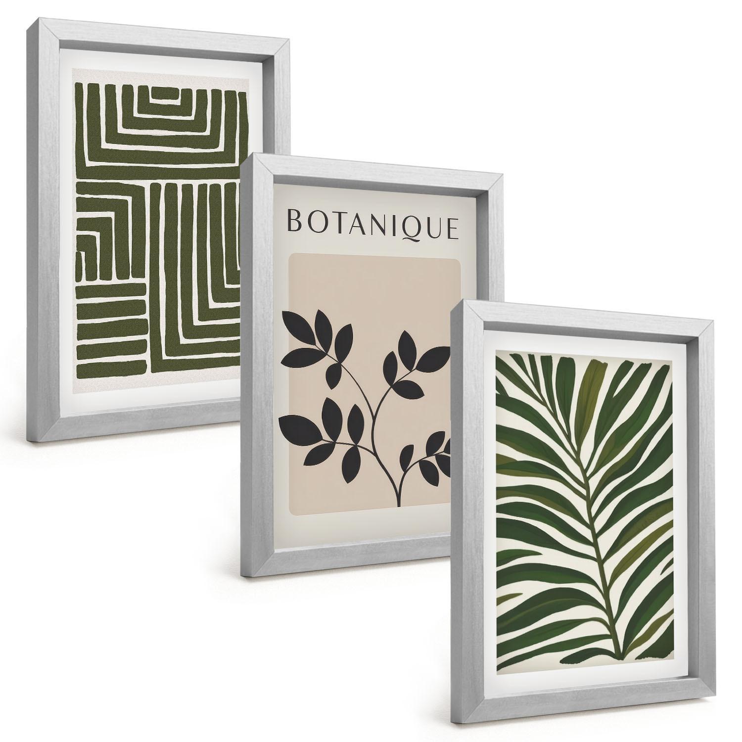 BILDER SET 3er Set - 20x30 cm Silberner Rahmen - Botanischer Boho-Minimalismus - Silberfarben, Kunststoff (20/30cm) - TULUP