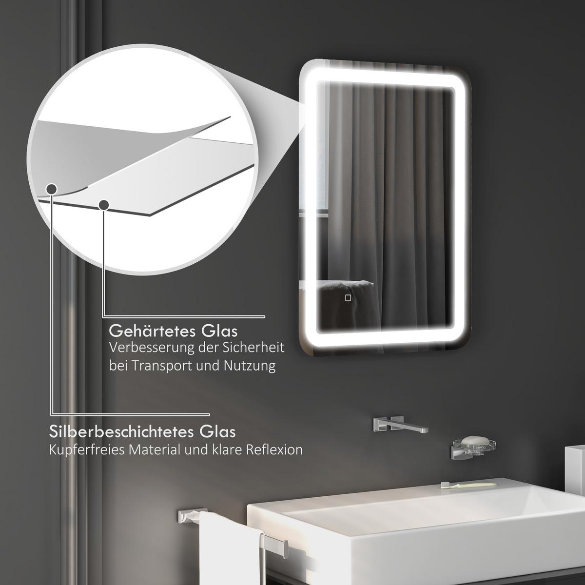 BADSPIEGEL, 50 x 70 cm LED Badezimmerspiegel mit 3 Lichtfarben, Touch-Schalter - Silberfarben, Glas (50/4/70cm) - HOMCOM