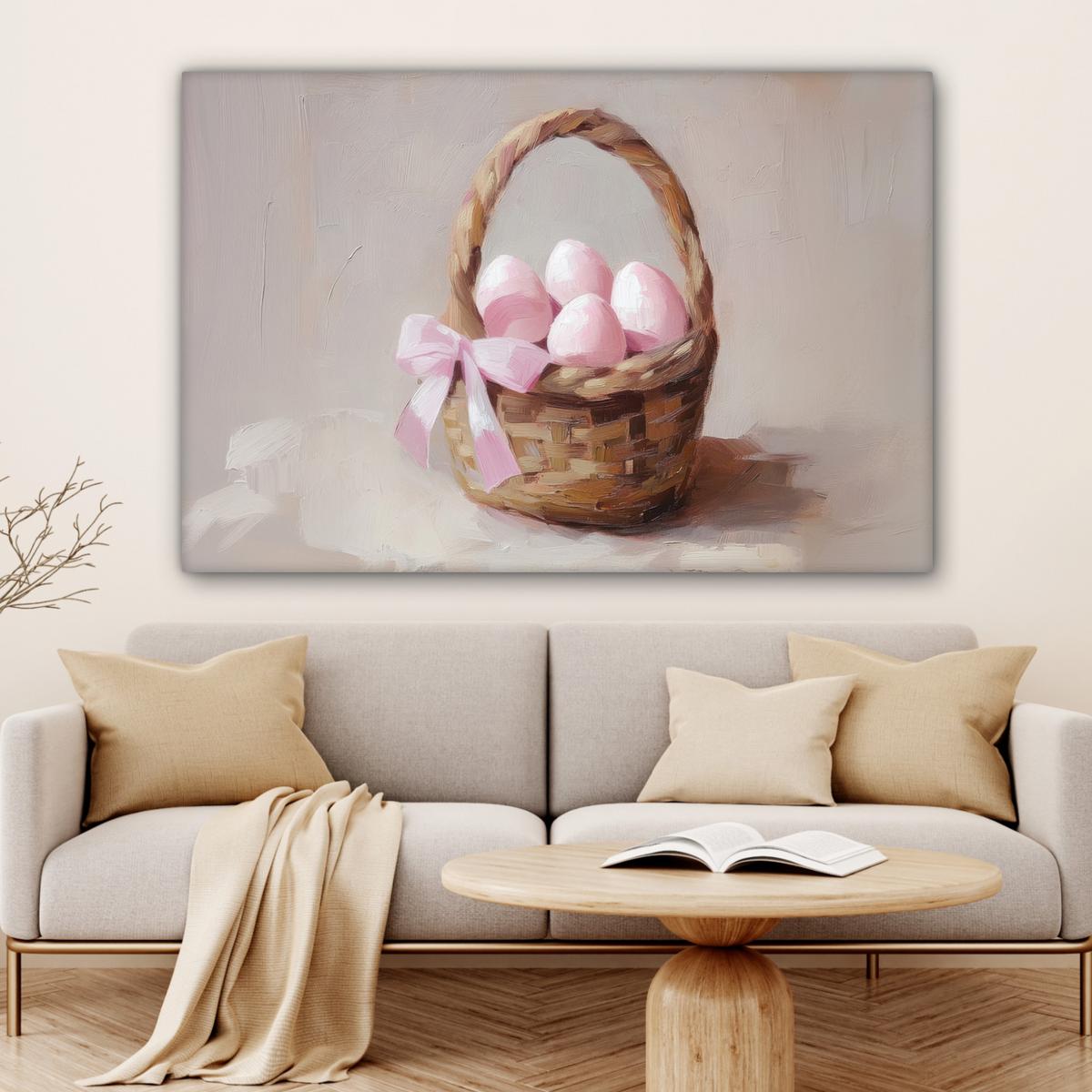 LEINWANDBILD Korb - Eier - Rosa XXL 150x100 cm - Beige, Textil (150/100cm) - MuchoWow