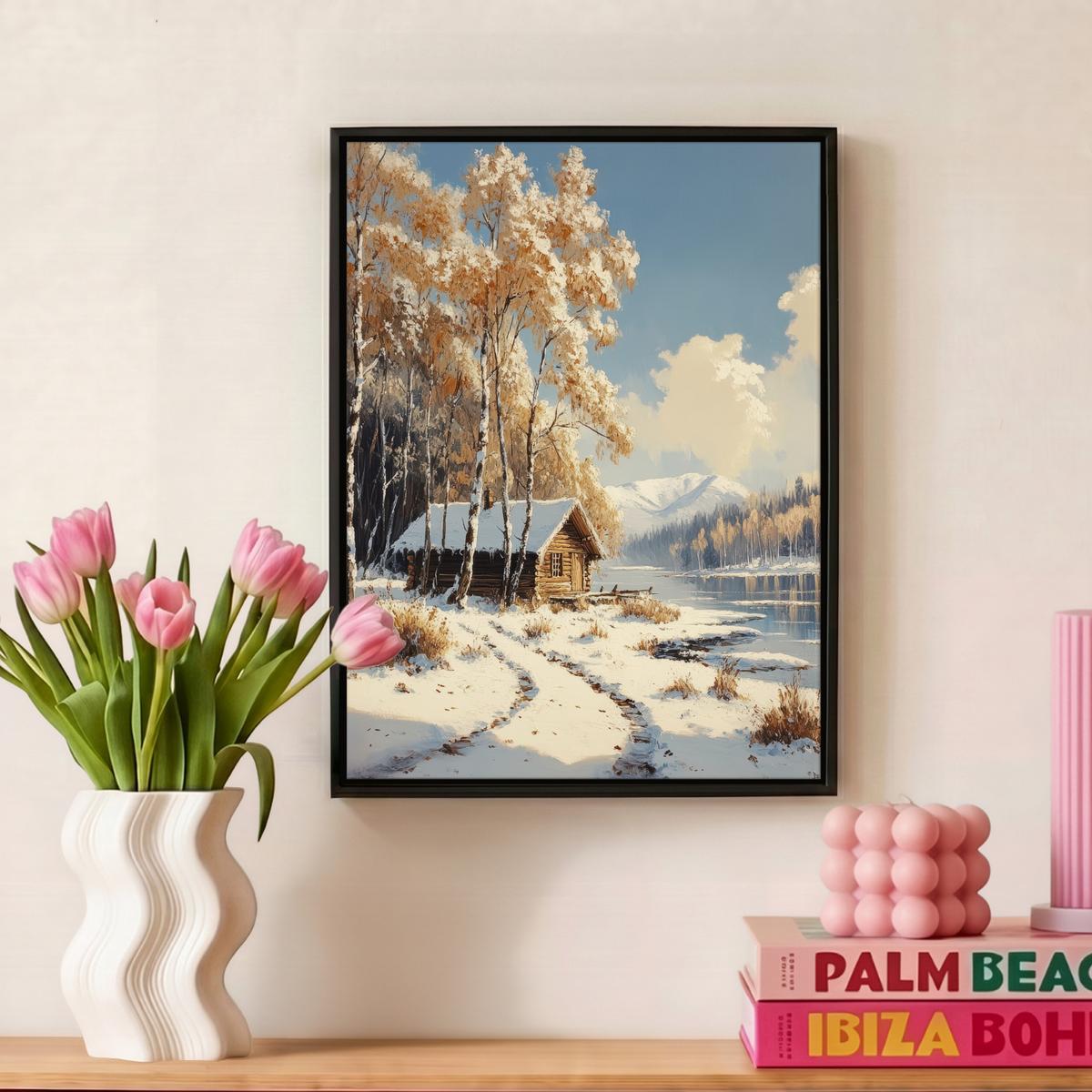 LEINWAND Bilder mit Rahmen - Winter - Schnee - Zuhause - Natur - 30x40 - Hellbraun, Textil (30/40cm) - MuchoWow
